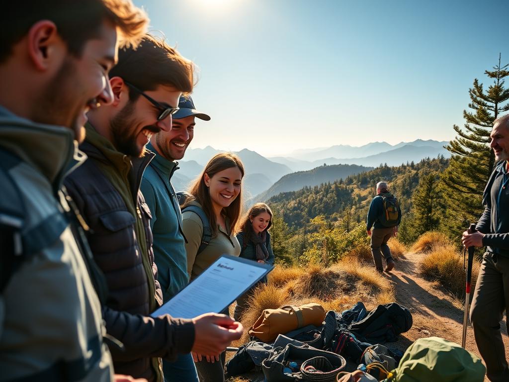A vibrant hiking scene showcasing diverse hiking communities, brands, and media that elevate the trekking experience. In the foreground, a group of hikers in modest casual attire enthusiastically share knowledge while examining a high-quality outdoor gear display. In the middle ground, a picturesque landscape unfolds, featuring lush mountains and a winding trail, where other hikers can be seen navigating the terrain. The background depicts a clear blue sky with soft, golden sunlight filtering through the trees, creating an inviting atmosphere. The composition should have a balanced focus on the joyful interaction of hikers and the beautiful surroundings, suggesting a sense of community and adventure in the world of trekking. Ideal lighting emphasizes the natural beauty and highlights the gear. A vibrant hiking scene showcasing diverse hiking communities, brands, and media that elevate the trekking experience. In the foreground, a group of hikers in modest casual attire enthusiastically share knowledge while examining a high-quality outdoor gear display. In the middle ground, a picturesque landscape unfolds, featuring lush mountains and a winding trail, where other hikers can be seen navigating the terrain. The background depicts a clear blue sky with soft, golden sunlight filtering through the trees, creating an inviting atmosphere. The composition should have a balanced focus on the joyful interaction of hikers and the beautiful surroundings, suggesting a sense of community and adventure in the world of trekking. Ideal lighting emphasizes the natural beauty and highlights the gear.