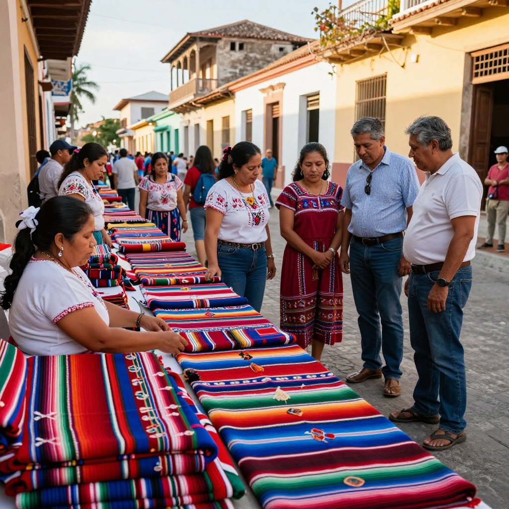A vibrant marketplace scene in Santo Domingo Xenacoj, showcasing stalls filled with colorful traditional Maya textiles. In the foreground, a vendor displays intricately woven fabrics in rich hues of red, blue, and green, draped artfully to highlight their craftsmanship. In the middle ground, a diverse group of shoppers, including women in modest traditional clothing and men in smart casual attire, examine the textiles with interest, reflecting a blend of culture and modernity. The background features quaint, sunlit streets with picturesque colonial architecture, softly glowing in the warm afternoon light. The atmosphere is festive and inviting, capturing the essence of a lively market where quality and authenticity are paramount. The angle is slightly elevated, offering a clear view of the vibrant fabrics and the attentive shoppers.