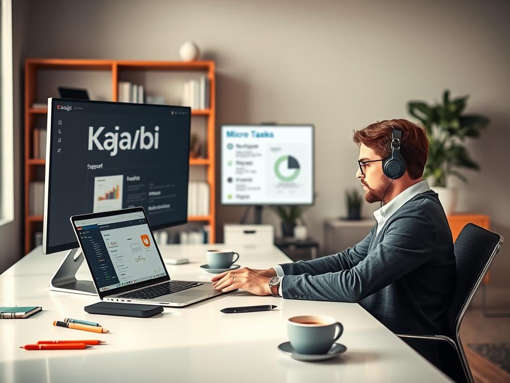 A vibrant, modern workspace showcasing a professional virtual support environment for Kajabi. In the foreground, a focused individual, dressed in smart casual attire, is seated at a sleek desk, interacting with a laptop displaying the Kajabi interface. The middle ground features a large monitor with analytics and a checklist for micro-tasks. Scattered around the desk are stationery and a cup of coffee, adding personal touches. The background includes a well-organized bookshelf and soft natural light filtering through a window, creating an inviting atmosphere. The overall mood is productive and collaborative, emphasizing the significance of effective support in digital platforms. Capture this scene from a slight angle to showcase depth, with warm and bright lighting enhancing the professional feel.