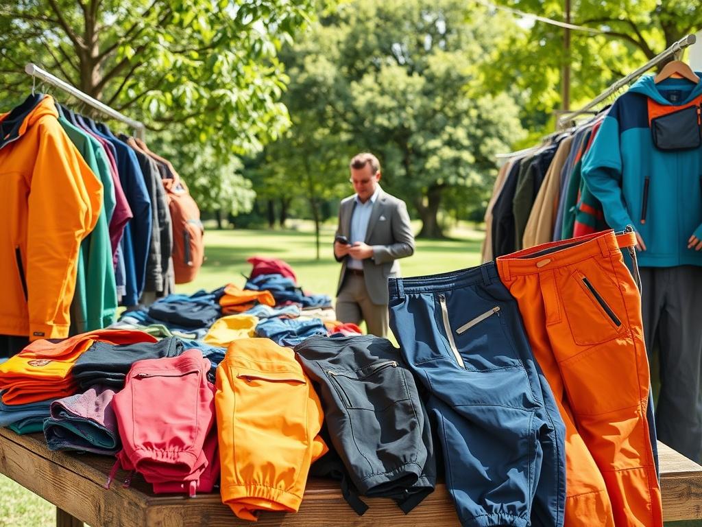 A vibrant outdoor market scene showcasing second-hand outdoor clothing. In the foreground, a neatly arranged display of colorful jackets, hiking pants, and gear like backpacks on a rustic wooden table. In the middle ground, a well-dressed seller, wearing casual but professional attire, engages with a customer browsing the items. Bright, natural lighting enhances the textures of the clothing, highlighting the details like zippers, pockets, and fabric patterns. The background features green trees and a park-like setting, creating a relaxed and inviting atmosphere. The overall mood is friendly and enthusiastic, promoting sustainable fashion and the joy of finding quality outdoor wear at a good price. A vibrant outdoor market scene showcasing second-hand outdoor clothing. In the foreground, a neatly arranged display of colorful jackets, hiking pants, and gear like backpacks on a rustic wooden table. In the middle ground, a well-dressed seller, wearing casual but professional attire, engages with a customer browsing the items. Bright, natural lighting enhances the textures of the clothing, highlighting the details like zippers, pockets, and fabric patterns. The background features green trees and a park-like setting, creating a relaxed and inviting atmosphere. The overall mood is friendly and enthusiastic, promoting sustainable fashion and the joy of finding quality outdoor wear at a good price.