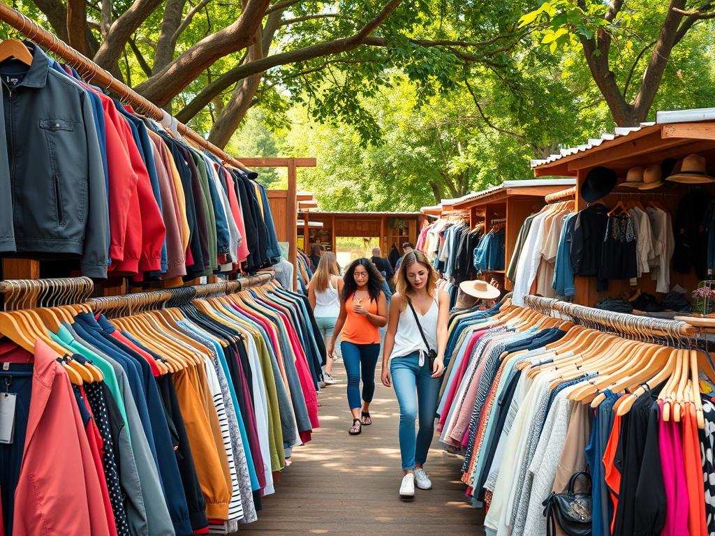 A vibrant outdoor marketplace displaying a variety of second-hand clothing categories for men, women, and children, along with accessories. In the foreground, a neatly arranged selection of jackets, pants, and dresses hang from wooden racks. The middle ground features shoppers browsing the colorful clothing, wearing casual yet stylish attire, with a focus on diversity. In the background, rustic wooden stalls showcase hats, backpacks, and footwear. The scene is illuminated by warm, natural sunlight filtering through trees, creating a welcoming atmosphere. Capture this from a slightly elevated angle, emphasizing the bustling yet relaxed vibe of a sustainable clothing exchange. The setting conveys a sense of community and eco-friendliness. A vibrant outdoor marketplace displaying a variety of second-hand clothing categories for men, women, and children, along with accessories. In the foreground, a neatly arranged selection of jackets, pants, and dresses hang from wooden racks. The middle ground features shoppers browsing the colorful clothing, wearing casual yet stylish attire, with a focus on diversity. In the background, rustic wooden stalls showcase hats, backpacks, and footwear. The scene is illuminated by warm, natural sunlight filtering through trees, creating a welcoming atmosphere. Capture this from a slightly elevated angle, emphasizing the bustling yet relaxed vibe of a sustainable clothing exchange. The setting conveys a sense of community and eco-friendliness.