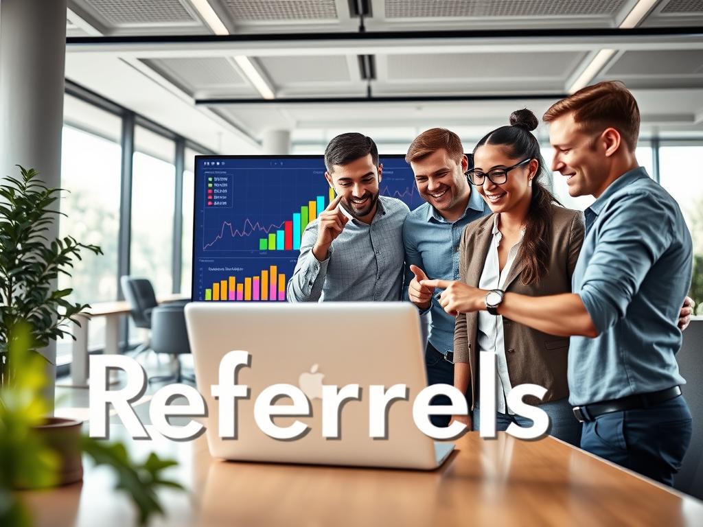 A vibrant, professional setting illustrating the concept of "referrals" in digital advertising. In the foreground, a diverse group of three engaged individuals dressed in smart casual clothing are gathered around a modern laptop, discussing and pointing at the screen with expressions of enthusiasm and collaboration. In the middle ground, a large digital display shows graphs and data visualizations representing growth and success in online advertising, with colorful bar charts and upward trends. The background features a sleek office environment with natural light streaming through large windows, creating a bright, optimistic mood. Use a wide-angle lens to emphasize the dynamics of the scene, capturing the energy and potential of clicking on ads to earn money. A vibrant, professional setting illustrating the concept of "referrals" in digital advertising. In the foreground, a diverse group of three engaged individuals dressed in smart casual clothing are gathered around a modern laptop, discussing and pointing at the screen with expressions of enthusiasm and collaboration. In the middle ground, a large digital display shows graphs and data visualizations representing growth and success in online advertising, with colorful bar charts and upward trends. The background features a sleek office environment with natural light streaming through large windows, creating a bright, optimistic mood. Use a wide-angle lens to emphasize the dynamics of the scene, capturing the energy and potential of clicking on ads to earn money.