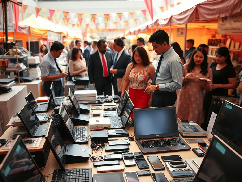A vibrant scene depicting a bustling electronic marketplace in Venezuela, showcasing a variety of second-hand electronics for sale. In the foreground, a well-organized table features laptops, smartphones, and televisions, with price tags clearly visible. A diverse group of shoppers, dressed in professional business attire and modest casual clothing, examine the items with interest. The middle ground reveals more vendors displaying gadgets and accessories. The background captures a colorful market atmosphere with tents and banners, hinting at a lively environment. The setting is illuminated by warm, natural lighting, enhancing the inviting mood. The composition is shot from an eye-level perspective to immerse the viewer in the bustling atmosphere of second-hand trading. A vibrant scene depicting a bustling electronic marketplace in Venezuela, showcasing a variety of second-hand electronics for sale. In the foreground, a well-organized table features laptops, smartphones, and televisions, with price tags clearly visible. A diverse group of shoppers, dressed in professional business attire and modest casual clothing, examine the items with interest. The middle ground reveals more vendors displaying gadgets and accessories. The background captures a colorful market atmosphere with tents and banners, hinting at a lively environment. The setting is illuminated by warm, natural lighting, enhancing the inviting mood. The composition is shot from an eye-level perspective to immerse the viewer in the bustling atmosphere of second-hand trading.
