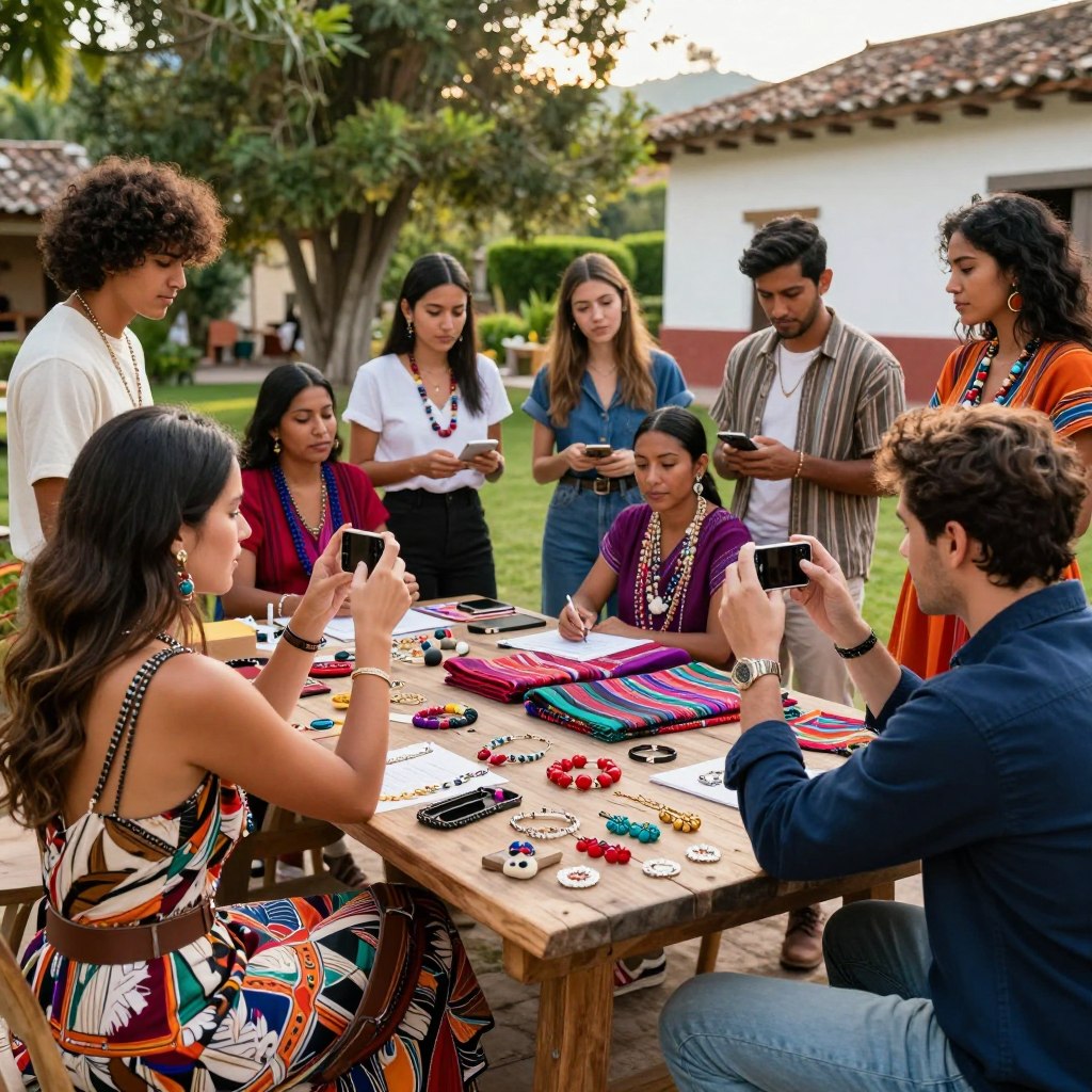 A vibrant scene depicting a diverse group of fashion influencers engaged in a creative collaboration outdoors in Guatemala. In the foreground, two stylishly dressed influencers, a woman in a trendy outfit and a man in smart-casual attire, are taking photos of local handcrafted jewelry on a rustic wooden table. In the middle ground, other influencers are brainstorming ideas, surrounded by colorful fabrics and accessories, showcasing the region’s rich textile heritage. The background features lush greenery and traditional Guatemalan architecture, bathed in warm afternoon sunlight, creating an inviting and lively atmosphere. The angles should vary to capture both intimate moments and broader interactions among the group, emphasizing teamwork and creativity in a natural setting.