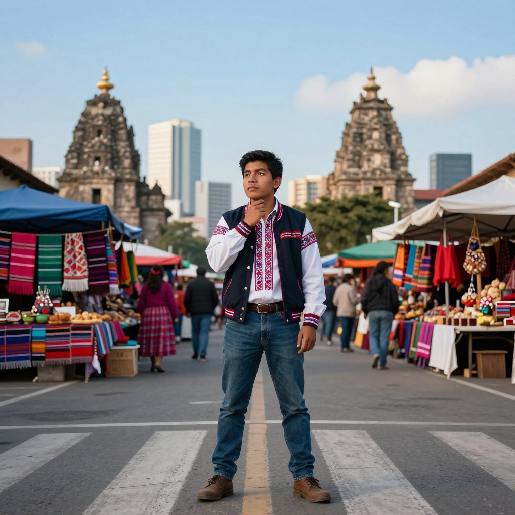 A vibrant scene depicting a young Guatemalan individual standing confidently at the intersection of tradition and modernity. In the foreground, a young man or woman, dressed in elegant attire that blends traditional Mayan elements and contemporary fashion, is engaged in a thoughtful pose, reflecting cultural pride and curiosity. The middle ground features a colorful market filled with typical Guatemalan crafts, textiles, and local food, showcasing the richness of indigenous culture. In the background, a modern urban skyline contrasts with ancient temples, symbolizing the balance between cultural heritage and modernization. Soft, warm lighting enhances the atmosphere of hope and innovation, with a clear blue sky suggesting a bright future. The image captures a sense of dynamic youthfulness, preserving cultural roots while embracing change. A vibrant scene depicting a young Guatemalan individual standing confidently at the intersection of tradition and modernity. In the foreground, a young man or woman, dressed in elegant attire that blends traditional Mayan elements and contemporary fashion, is engaged in a thoughtful pose, reflecting cultural pride and curiosity. The middle ground features a colorful market filled with typical Guatemalan crafts, textiles, and local food, showcasing the richness of indigenous culture. In the background, a modern urban skyline contrasts with ancient temples, symbolizing the balance between cultural heritage and modernization. Soft, warm lighting enhances the atmosphere of hope and innovation, with a clear blue sky suggesting a bright future. The image captures a sense of dynamic youthfulness, preserving cultural roots while embracing change.