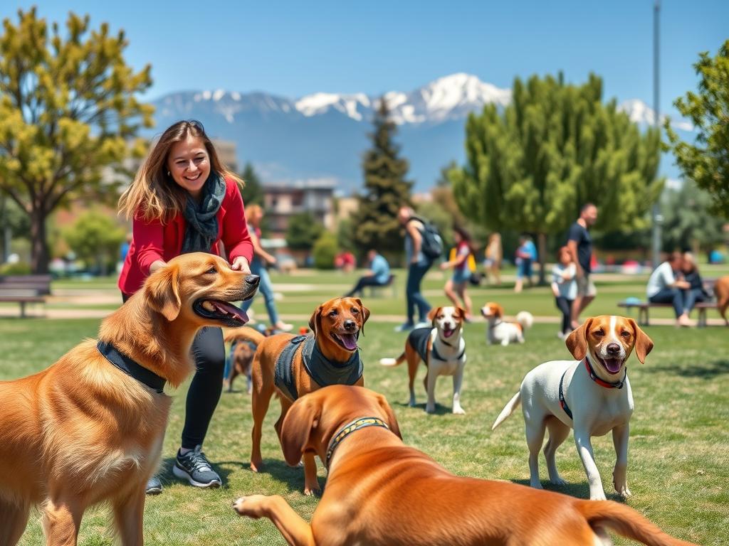 A vibrant scene featuring a variety of registered dogs in a picturesque urban park in Chile, showcasing different breeds like a golden retriever, a dachshund, and a beagle playing together. In the foreground, a smiling pet owner interacts with their dog, while others enjoy the dog-friendly environment, engaging in activities like agility training or socializing. The middle ground includes trees and park benches, with the iconic backdrop of the Andes mountains under a clear blue sky. Bright, natural lighting enhances the cheerful atmosphere, emphasizing the joy of pet ownership. Capture this dynamic scene from a slightly elevated angle to provide a comprehensive view of the lively park setting, reflecting the growing interest in pet care services in Latin America. A vibrant scene featuring a variety of registered dogs in a picturesque urban park in Chile, showcasing different breeds like a golden retriever, a dachshund, and a beagle playing together. In the foreground, a smiling pet owner interacts with their dog, while others enjoy the dog-friendly environment, engaging in activities like agility training or socializing. The middle ground includes trees and park benches, with the iconic backdrop of the Andes mountains under a clear blue sky. Bright, natural lighting enhances the cheerful atmosphere, emphasizing the joy of pet ownership. Capture this dynamic scene from a slightly elevated angle to provide a comprehensive view of the lively park setting, reflecting the growing interest in pet care services in Latin America.