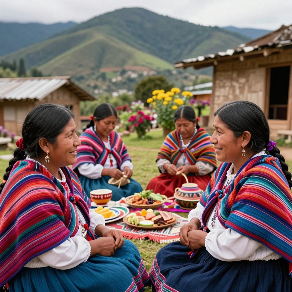 A vibrant scene showcasing indigenous women from Guatemala, emphasizing their cultural identity, strength, and community spirit. In the foreground, two women dressed in traditional, modest attire are engaged in a lively conversation, their colorful woven shawls reflecting local patterns. In the middle, additional women participate in community activities, such as weaving and preparing traditional food, surrounded by handmade crafts. The background features a lush mountainous landscape, symbolizing their connection to nature, with bright flowers and rustic wooden houses typical of their villages. Soft, warm lighting enhances a sense of community, creating an inviting and hopeful atmosphere. The image should be captured from eye level, focusing on the expressions of joy and determination on the women’s faces, highlighting their vital role in preserving their cultural heritage. A vibrant scene showcasing indigenous women from Guatemala, emphasizing their cultural identity, strength, and community spirit. In the foreground, two women dressed in traditional, modest attire are engaged in a lively conversation, their colorful woven shawls reflecting local patterns. In the middle, additional women participate in community activities, such as weaving and preparing traditional food, surrounded by handmade crafts. The background features a lush mountainous landscape, symbolizing their connection to nature, with bright flowers and rustic wooden houses typical of their villages. Soft, warm lighting enhances a sense of community, creating an inviting and hopeful atmosphere. The image should be captured from eye level, focusing on the expressions of joy and determination on the women’s faces, highlighting their vital role in preserving their cultural heritage.
