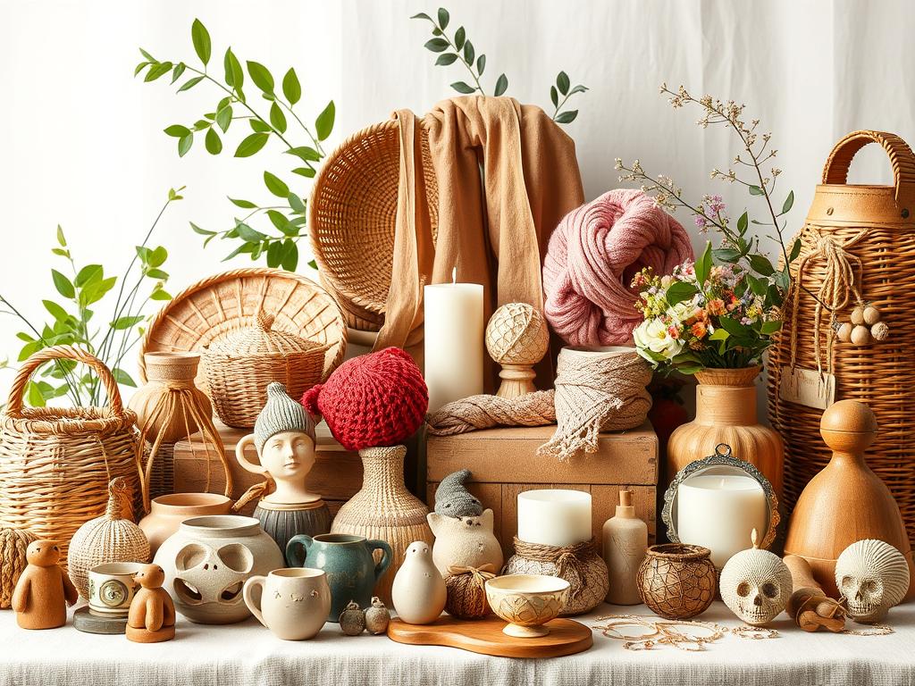 A vibrant still life showcasing an assortment of handcrafted products. In the foreground, an array of whimsical, artisanal items - woven baskets, ceramic mugs, and intricate wooden figurines - arranged against a soft, natural backdrop. The middle ground features a selection of knitted accessories, handmade candles, and delicate jewelry pieces, all radiating a warm, inviting ambiance. In the background, a subtle hint of lush greenery and soft, diffused lighting creates a serene, homely atmosphere, emphasizing the handmade, organic nature of the products. The overall composition conveys a sense of craftsmanship, attention to detail, and the unique charm of handmade goods. A vibrant still life showcasing an assortment of handcrafted products. In the foreground, an array of whimsical, artisanal items - woven baskets, ceramic mugs, and intricate wooden figurines - arranged against a soft, natural backdrop. The middle ground features a selection of knitted accessories, handmade candles, and delicate jewelry pieces, all radiating a warm, inviting ambiance. In the background, a subtle hint of lush greenery and soft, diffused lighting creates a serene, homely atmosphere, emphasizing the handmade, organic nature of the products. The overall composition conveys a sense of craftsmanship, attention to detail, and the unique charm of handmade goods.
