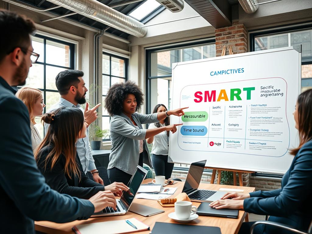 A vibrant workspace filled with a collaborative team of diverse professionals engaged in planning a campaign. In the foreground, a large whiteboard displays a colorful infographic breaking down SMART objectives—Specific, Measurable, Achievable, Relevant, Time-bound. Team members, dressed in smart casual attire, are pointing at the whiteboard, discussing strategies with enthusiasm. In the middle ground, a table is covered with laptops, notebooks, and coffee cups, symbolizing teamwork and productivity. The background features large windows letting in natural light, creating a bright and inspiring atmosphere. An angled view captures the energy of the meeting, highlighting the interconnectedness of narrative and team alignment, emphasizing effective communication for NGOs. The overall mood is dynamic and optimistic. A vibrant workspace filled with a collaborative team of diverse professionals engaged in planning a campaign. In the foreground, a large whiteboard displays a colorful infographic breaking down SMART objectives—Specific, Measurable, Achievable, Relevant, Time-bound. Team members, dressed in smart casual attire, are pointing at the whiteboard, discussing strategies with enthusiasm. In the middle ground, a table is covered with laptops, notebooks, and coffee cups, symbolizing teamwork and productivity. The background features large windows letting in natural light, creating a bright and inspiring atmosphere. An angled view captures the energy of the meeting, highlighting the interconnectedness of narrative and team alignment, emphasizing effective communication for NGOs. The overall mood is dynamic and optimistic.