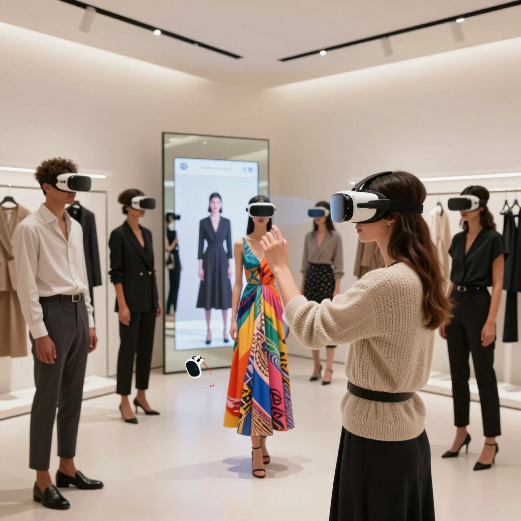 A virtual fitting room scene showcasing a stylish virtual reality experience in fashion, featuring a diverse group of professional models trying on various elegant outfits using augmented reality. In the foreground, a model scans her outfit with a digital device, with a vibrant display of colorful fabrics and accessories floating around her. The middle ground showcases a sleek, modern store interior with mirrors reflecting the digital projections of clothing. In the background, soft, diffused lighting creates an inviting atmosphere, with high-tech screens displaying fashion recommendations. The overall mood is innovative and professional, emphasizing the seamless blend of technology and fashion aimed at reducing returns in the fashion industry. The image should convey a sense of excitement and modernity in fashion retail.
