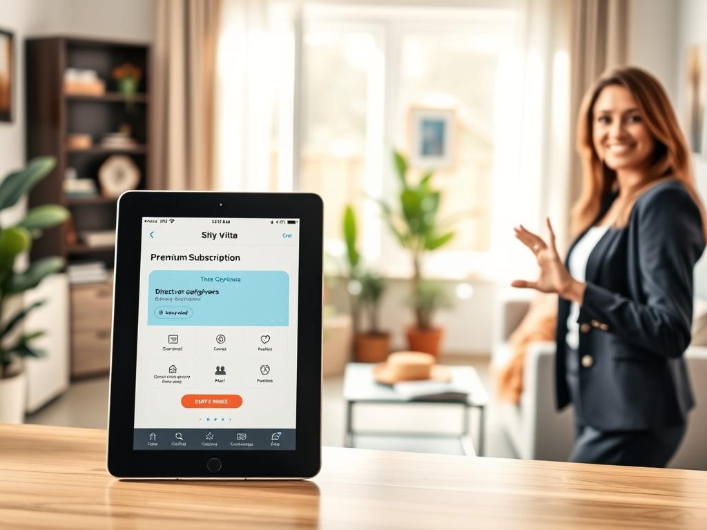 A visually appealing and engaging image depicting the concept of a "Premium Subscription" for caregivers, set in a bright, modern home office environment. In the foreground, a tablet displays the Sitly app interface, highlighting features like direct contact with caregivers and immediate access to services. To the side, a professional woman, dressed in smart casual attire, gestures towards the tablet, smiling confidently. In the middle ground, soft natural daylight streams through a window, illuminating a cozy workspace decorated with potted plants and family photos, creating a welcoming atmosphere. The background includes a blurred vision of a living room, suggesting comfort and safety. The overall mood is positive and reassuring, emphasizing connection and support for families in Venezuela. A visually appealing and engaging image depicting the concept of a "Premium Subscription" for caregivers, set in a bright, modern home office environment. In the foreground, a tablet displays the Sitly app interface, highlighting features like direct contact with caregivers and immediate access to services. To the side, a professional woman, dressed in smart casual attire, gestures towards the tablet, smiling confidently. In the middle ground, soft natural daylight streams through a window, illuminating a cozy workspace decorated with potted plants and family photos, creating a welcoming atmosphere. The background includes a blurred vision of a living room, suggesting comfort and safety. The overall mood is positive and reassuring, emphasizing connection and support for families in Venezuela.