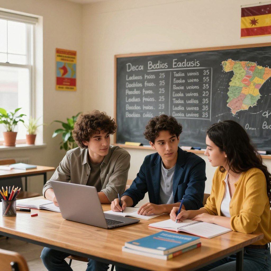 A visually appealing classroom setting dedicated to Spanish tutoring, featuring a neatly arranged wooden desk with a laptop, textbooks, and stationery. In the foreground, two diverse students of varying ethnicities, one male and one female, are engaged in studying together, dressed in professional casual wear, immersed in discussion. The middle ground shows a large chalkboard filled with Spanish vocabulary notes and price charts for different tutoring packages. In the background, soft, warm lighting streams through a window, illuminating the room filled with plants, maps of Spanish-speaking countries, and educational posters, creating an inviting and focused atmosphere for learning. The overall mood is encouraging and academic, highlighting the importance of personalized tuition in a warm environment.
