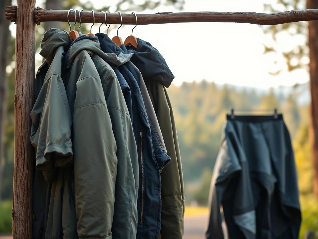 A visually appealing outdoor scene showcasing various high-quality used outdoor clothing items hanging on a rustic wooden rack. In the foreground, focus on a collection of jackets, pants, and hiking gear meticulously arranged to highlight their condition and details—such as zippers and stitching. The middle background features a soft, blurred landscape of a lush forest, giving a natural context to the clothing. Use warm, diffused sunlight filtering through the trees to create a tranquil, inviting atmosphere. The overall mood is one of sustainability and quality assurance in second-hand outdoor apparel. Capture the scene with a slightly angled perspective, simulating a natural viewpoint that emphasizes the textures and colors of the fabric without any human subjects or distractions. A visually appealing outdoor scene showcasing various high-quality used outdoor clothing items hanging on a rustic wooden rack. In the foreground, focus on a collection of jackets, pants, and hiking gear meticulously arranged to highlight their condition and details—such as zippers and stitching. The middle background features a soft, blurred landscape of a lush forest, giving a natural context to the clothing. Use warm, diffused sunlight filtering through the trees to create a tranquil, inviting atmosphere. The overall mood is one of sustainability and quality assurance in second-hand outdoor apparel. Capture the scene with a slightly angled perspective, simulating a natural viewpoint that emphasizes the textures and colors of the fabric without any human subjects or distractions.
