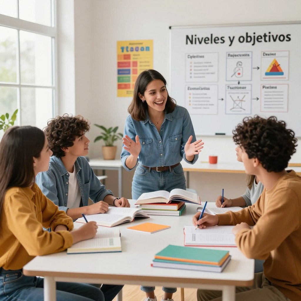 A visually engaging representation of "Niveles y objetivos" in the context of Spanish language tutoring. In the foreground, a diverse group of three students, each representing different levels of language proficiency, are seated around a modern table stacked with open textbooks and colorful study materials. The middle ground features a friendly tutor, gesturing enthusiastically as they guide the group, showcasing the personalized aspect of the classes. In the background, a bright, airy classroom filled with educational posters and charts illustrates various learning objectives, enhancing the atmosphere of growth and achievement. Soft, natural lighting flows in from a large window, creating an inviting and motivating environment suitable for learning. The mood is collaborative, focused, and inspiring.