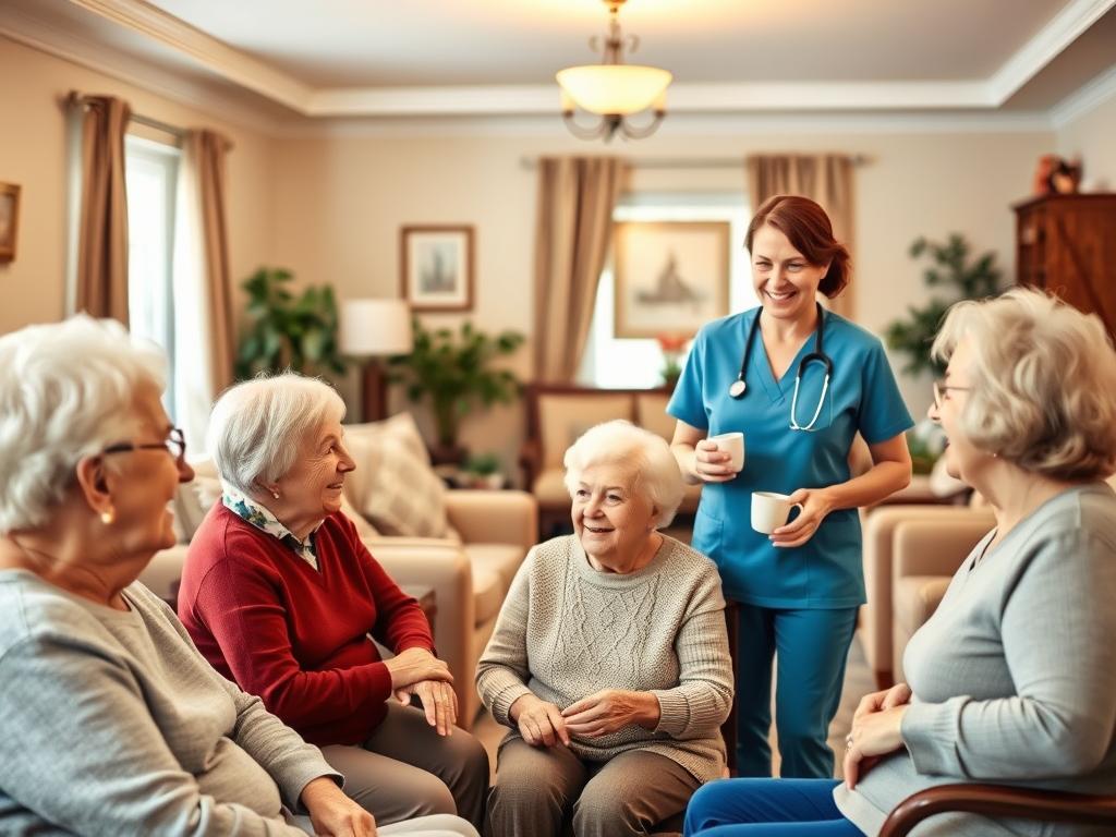 A warm and inviting senior care facility, with a focus on personalized attention and comfort. In the foreground, a group of elderly residents engaged in a lively discussion, their faces animated and their body language expressive. In the middle ground, a caregiver moves with a gentle, attentive manner, offering a cup of tea or a helping hand. The background showcases a cozy, well-appointed living room, with soft lighting, plush furnishings, and tasteful decor that evokes a sense of home. The overall mood is one of care, community, and a deep respect for the wisdom and experience of the residents. A warm and inviting senior care facility, with a focus on personalized attention and comfort. In the foreground, a group of elderly residents engaged in a lively discussion, their faces animated and their body language expressive. In the middle ground, a caregiver moves with a gentle, attentive manner, offering a cup of tea or a helping hand. The background showcases a cozy, well-appointed living room, with soft lighting, plush furnishings, and tasteful decor that evokes a sense of home. The overall mood is one of care, community, and a deep respect for the wisdom and experience of the residents.