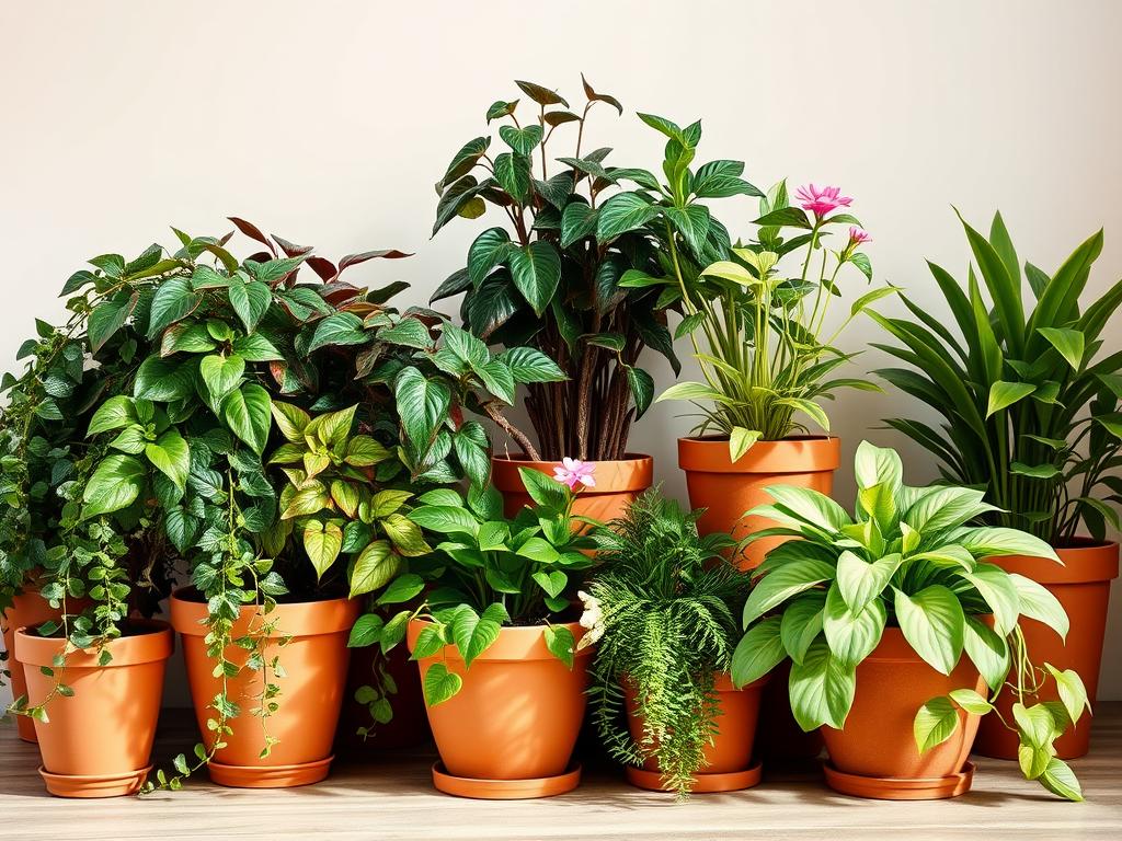 A well-lit, high-quality close-up photograph of a variety of lush, vibrant ornamental plants in terracotta pots, set against a clean, neutral background. The plants should include a mix of foliage types, textures, and colors, such as trailing vines, broad leaves, and delicate blooms. The pots should be of varying sizes and shapes, showcasing a range of complementary accessories. The lighting should be warm and natural, highlighting the rich, organic tones of the plants and the earthy tones of the pots. The overall composition should be visually balanced and aesthetically pleasing, conveying a sense of harmony and the importance of thoughtful plant styling and accessorizing. A well-lit, high-quality close-up photograph of a variety of lush, vibrant ornamental plants in terracotta pots, set against a clean, neutral background. The plants should include a mix of foliage types, textures, and colors, such as trailing vines, broad leaves, and delicate blooms. The pots should be of varying sizes and shapes, showcasing a range of complementary accessories. The lighting should be warm and natural, highlighting the rich, organic tones of the plants and the earthy tones of the pots. The overall composition should be visually balanced and aesthetically pleasing, conveying a sense of harmony and the importance of thoughtful plant styling and accessorizing.