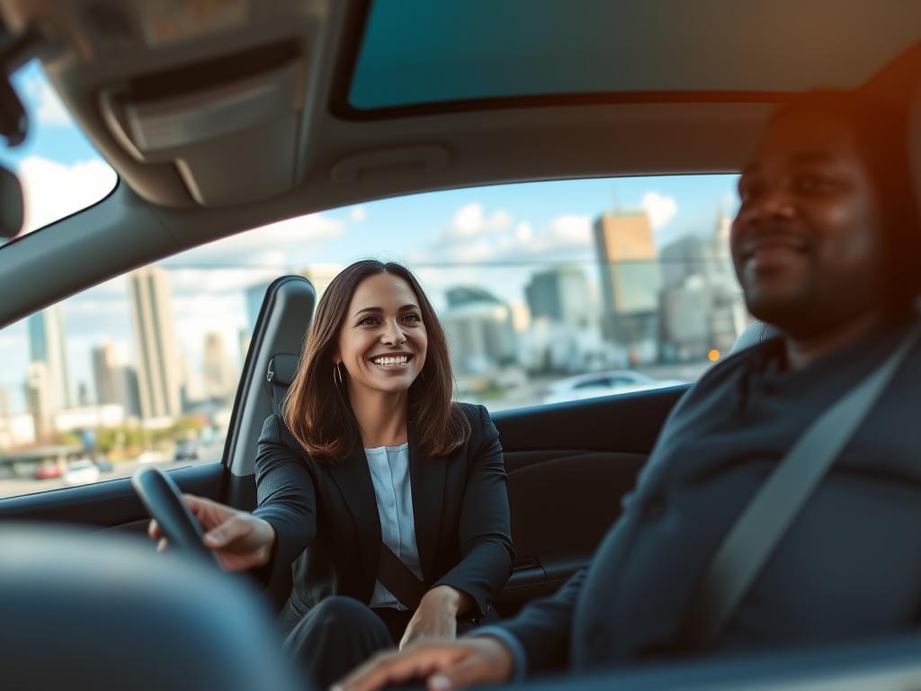 A well-lit scene in a modern urban setting, showcasing safety in ride-sharing services. The foreground features a professional-looking female driver in business attire, smiling and engaging with a satisfied passenger entering a sleek, late-model Uber vehicle. In the middle ground, the cityscape includes recognizable landmarks and bustling streets, implying a vibrant urban environment. To the background, a bright blue sky with soft clouds enhances the uplifting mood. The lighting is warm and inviting, emphasizing security and trust. The composition should convey a sense of reliability and professionalism, with a slight depth of field to focus on the driver and passenger, while the background remains nicely blurred. A well-lit scene in a modern urban setting, showcasing safety in ride-sharing services. The foreground features a professional-looking female driver in business attire, smiling and engaging with a satisfied passenger entering a sleek, late-model Uber vehicle. In the middle ground, the cityscape includes recognizable landmarks and bustling streets, implying a vibrant urban environment. To the background, a bright blue sky with soft clouds enhances the uplifting mood. The lighting is warm and inviting, emphasizing security and trust. The composition should convey a sense of reliability and professionalism, with a slight depth of field to focus on the driver and passenger, while the background remains nicely blurred.