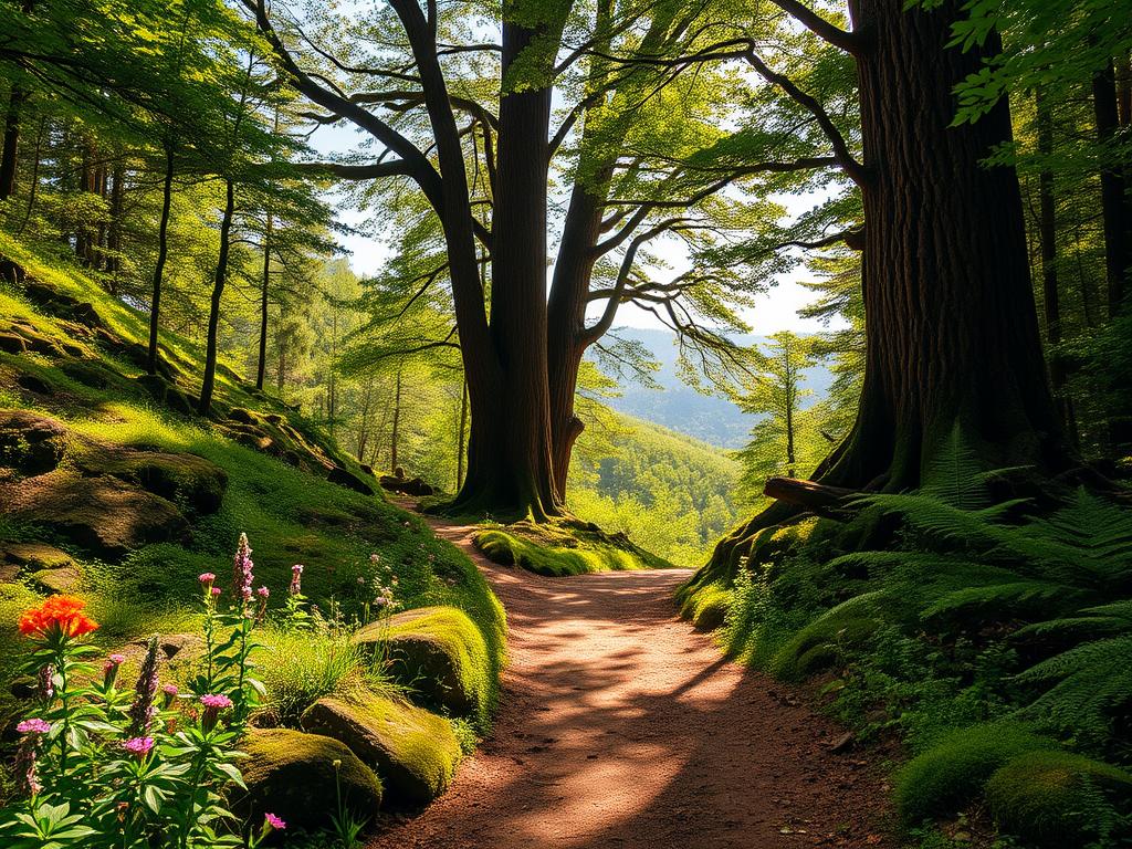 A winding forest trail surrounded by lush greenery, with dappled sunlight filtering through the dense canopy above. In the foreground, a well-trodden path leads into the scene, flanked by vibrant wildflowers and moss-covered rocks. The middle ground features towering trees with rich, textured bark and ferns, creating a sense of depth and immersion into nature. In the background, rolling hills fade into a soft mist, hinting at more adventures beyond the trail. The scene is bathed in warm, golden light, evoking a sense of tranquility and exploration. Capture this serene atmosphere with a wide-angle view, emphasizing the inviting nature of the trail while ensuring clarity and detail in each layer. A winding forest trail surrounded by lush greenery, with dappled sunlight filtering through the dense canopy above. In the foreground, a well-trodden path leads into the scene, flanked by vibrant wildflowers and moss-covered rocks. The middle ground features towering trees with rich, textured bark and ferns, creating a sense of depth and immersion into nature. In the background, rolling hills fade into a soft mist, hinting at more adventures beyond the trail. The scene is bathed in warm, golden light, evoking a sense of tranquility and exploration. Capture this serene atmosphere with a wide-angle view, emphasizing the inviting nature of the trail while ensuring clarity and detail in each layer.