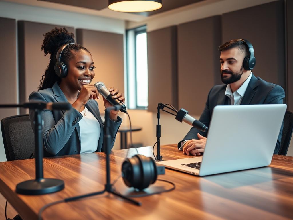 In a modern podcast studio, two professional individuals are engaged in recording a podcast episode. The foreground features a polished wooden table with high-quality microphones and headphones, and a laptop displaying audio editing software. In the middle, one person, a Black woman in smart casual attire, adjusts the microphone while speaking into it, exuding confidence. The second person, a Hispanic man in business casual, is focused on the laptop screen, wearing headphones. The background showcases soundproofing panels and warm lighting, creating an inviting atmosphere conducive to creativity and collaboration. Soft, ambient light filters through a window, adding a professional yet relaxed vibe to the setting. The lens is slightly angled to capture both individuals and their workspace, emphasizing the importance of preparation in podcast recording. In a modern podcast studio, two professional individuals are engaged in recording a podcast episode. The foreground features a polished wooden table with high-quality microphones and headphones, and a laptop displaying audio editing software. In the middle, one person, a Black woman in smart casual attire, adjusts the microphone while speaking into it, exuding confidence. The second person, a Hispanic man in business casual, is focused on the laptop screen, wearing headphones. The background showcases soundproofing panels and warm lighting, creating an inviting atmosphere conducive to creativity and collaboration. Soft, ambient light filters through a window, adding a professional yet relaxed vibe to the setting. The lens is slightly angled to capture both individuals and their workspace, emphasizing the importance of preparation in podcast recording.