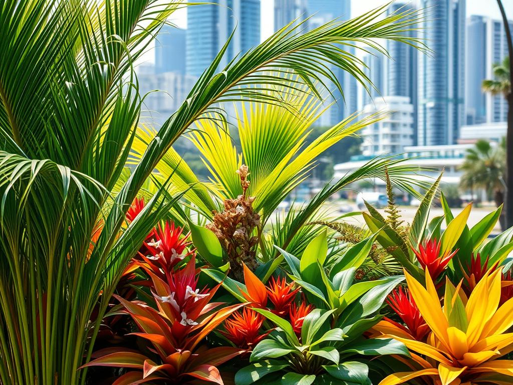 Vibrant ornamental plants in a lush, verdant arrangement. Tall, graceful palms in the foreground, their fronds gently swaying in natural lighting. A mix of colorful tropical foliage in the middle ground, with broad, glossy leaves and clusters of delicate blooms. In the background, a blurred cityscape with modern high-rises, suggesting a thriving urban environment. The scene exudes a sense of tranquility and sophistication, highlighting the specialized care and local delivery of these premium plants. Vibrant ornamental plants in a lush, verdant arrangement. Tall, graceful palms in the foreground, their fronds gently swaying in natural lighting. A mix of colorful tropical foliage in the middle ground, with broad, glossy leaves and clusters of delicate blooms. In the background, a blurred cityscape with modern high-rises, suggesting a thriving urban environment. The scene exudes a sense of tranquility and sophistication, highlighting the specialized care and local delivery of these premium plants.