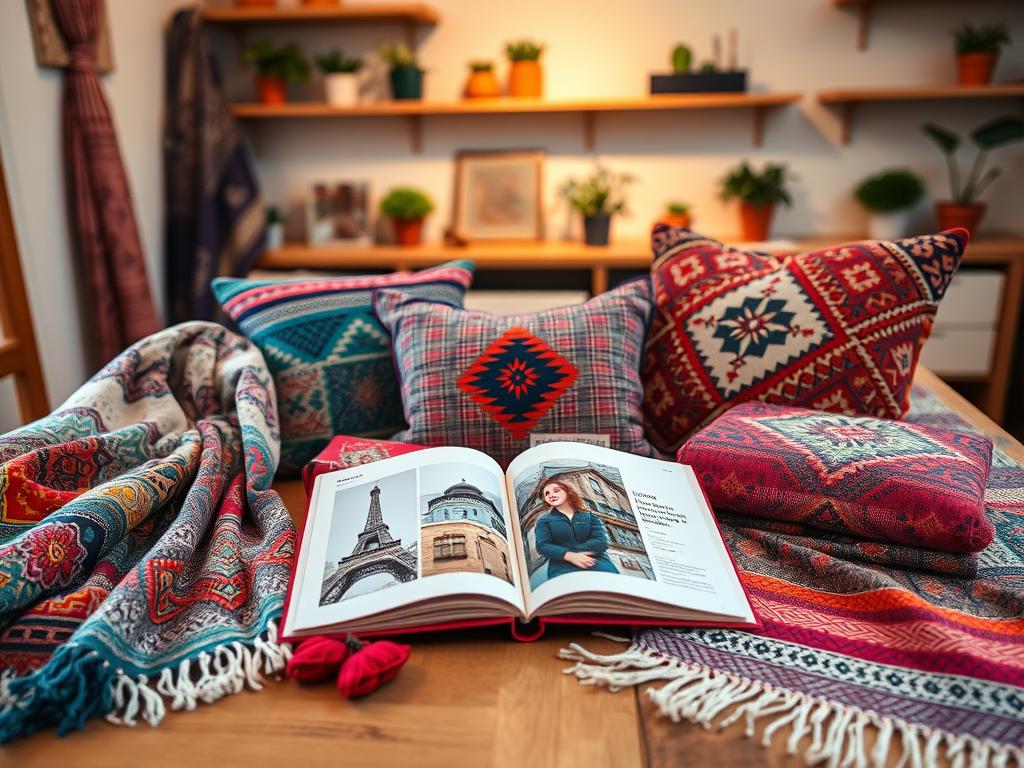 A beautifully arranged display of traditional textile products on a wooden table, showcasing vibrant patterns and textures. In the foreground, intricately woven scarves, colorful table runners, and decorative pillows with unique designs. The middle ground features a small, aesthetically pleasing catalog open, displaying images of the products along with price tags, evoking the feeling of a curated Etsy shop. The background reveals a soft, warm light illuminating the scene, creating a cozy atmosphere, with potted plants or shelves with artful decor. The overall mood is inviting and creative, perfect for inspiring potential buyers. The image is composed with a warm color palette, giving a handmade, artisanal feel to the textiles presented. A beautifully arranged display of traditional textile products on a wooden table, showcasing vibrant patterns and textures. In the foreground, intricately woven scarves, colorful table runners, and decorative pillows with unique designs. The middle ground features a small, aesthetically pleasing catalog open, displaying images of the products along with price tags, evoking the feeling of a curated Etsy shop. The background reveals a soft, warm light illuminating the scene, creating a cozy atmosphere, with potted plants or shelves with artful decor. The overall mood is inviting and creative, perfect for inspiring potential buyers. The image is composed with a warm color palette, giving a handmade, artisanal feel to the textiles presented.