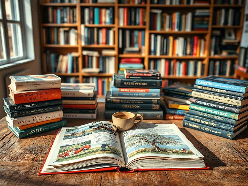 A beautifully arranged flat lay of a recommended book catalog spread across a rustic wooden table. The foreground features an open book with vivid cover illustrations, surrounded by neatly stacked novels of various genres including classics, modern fiction, and poetry, each with colorful spines. A soft light from a window casts a warm glow, creating cozy shadows. In the background, shelves filled with additional books blur slightly, emphasizing the abundance of literature. A steaming cup of coffee sits casually alongside a pair of stylish reading glasses. The overall mood is inviting and relaxing, suggesting a serene space for book lovers to explore and discover new literary treasures.