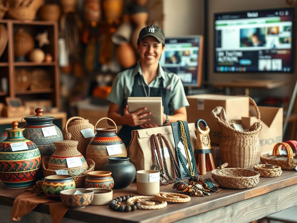 A beautifully arranged scene showcasing the essence of shipping artisan crafts in Cuba. In the foreground, a wooden table displays a variety of handcrafted items such as vibrant pottery, woven baskets, and intricate jewelry, all meticulously labeled for easy identification. The middle ground features a smiling delivery person in professional attire, holding a package and interacting with a customer, showcasing the relationship between sellers and buyers. Soft, warm lighting casts gentle shadows, suggesting a welcoming atmosphere. In the background, a virtual marketplace setting can be subtly hinted at with blurred images of a computer screen displaying online transactions. The overall mood is friendly and professional, focused on ensuring a seamless and satisfactory buying experience.