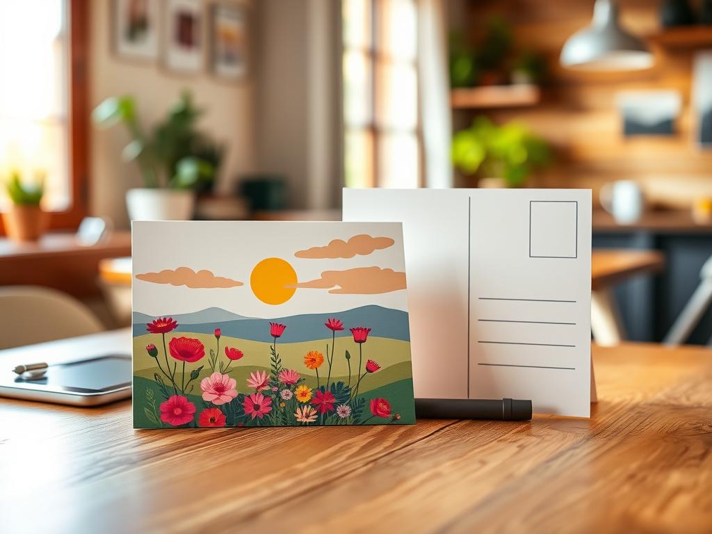 A beautifully designed digital postcard displayed on a wooden table, showcasing the front and back of the card. In the foreground, a vibrant illustration of an outdoor scene with colorful flowers and a serene sunset captures attention, while the back of the postcard features a clean layout for address and message areas, designed for professional use. The middle ground includes design tools like a tablet and stylus, symbolizing digital creation. The background is softly blurred with hints of a cozy workspace, illuminated by warm natural light filtering through a window, creating an inviting atmosphere. The entire composition reflects the essence of personalized postcard design, emphasizing creativity and professionalism with a friendly mood. A beautifully designed digital postcard displayed on a wooden table, showcasing the front and back of the card. In the foreground, a vibrant illustration of an outdoor scene with colorful flowers and a serene sunset captures attention, while the back of the postcard features a clean layout for address and message areas, designed for professional use. The middle ground includes design tools like a tablet and stylus, symbolizing digital creation. The background is softly blurred with hints of a cozy workspace, illuminated by warm natural light filtering through a window, creating an inviting atmosphere. The entire composition reflects the essence of personalized postcard design, emphasizing creativity and professionalism with a friendly mood.
