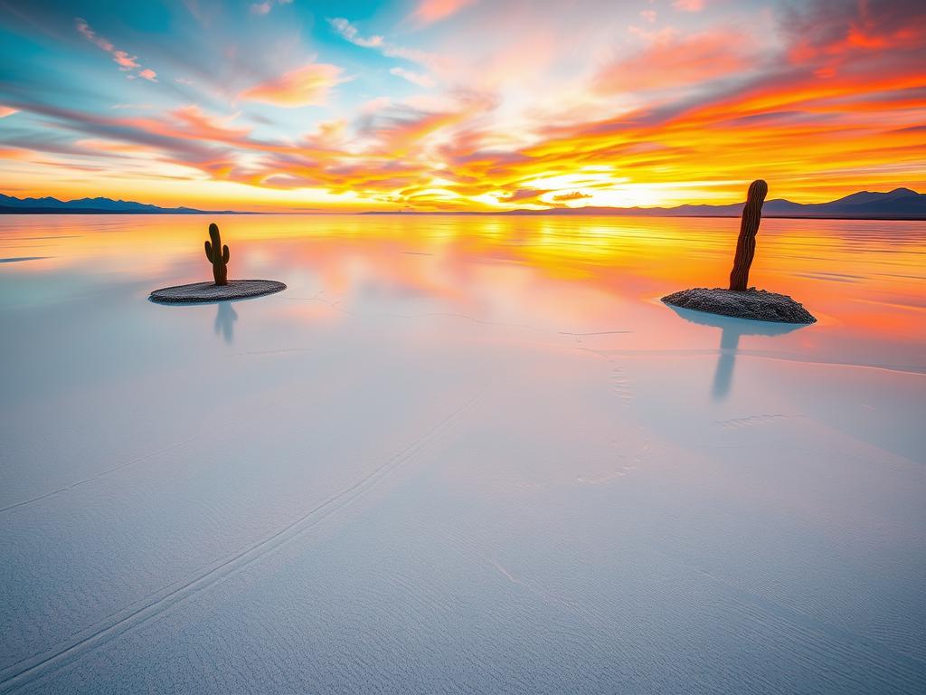 A breathtaking view of Salar de Uyuni at sunrise, showcasing the vast expanse of gleaming white salt flats reflecting the vibrant colors of the morning sky. In the foreground, a lone cactus stands on a nearby island, adding a touch of green to the scene. The middle ground features gentle ripples in the salt crust, capturing the dynamic texture of the landscape. In the background, the distant Andes mountains silhouette against the colorful horizon. Use soft, warm lighting to evoke a sense of tranquility and wonder, with a wide-angle perspective that emphasizes the immensity of the salt flat. The atmosphere should feel serene and inviting, promoting the idea of exploration and authentic travel experiences in Bolivia.
