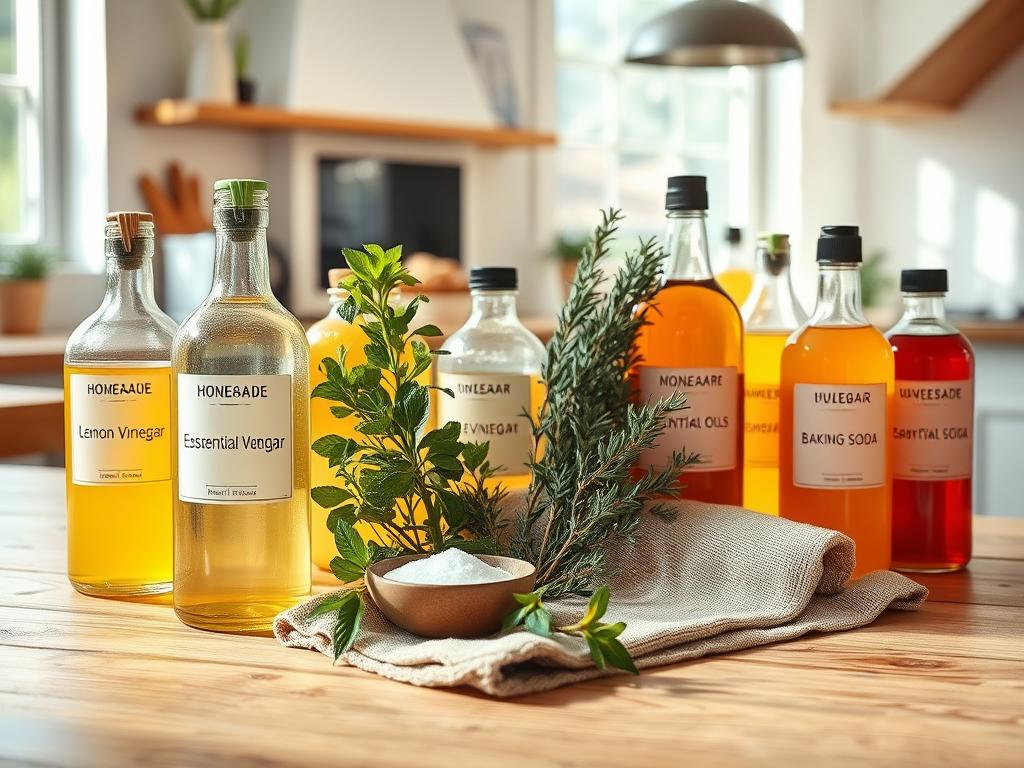A bright and inviting display of various homemade cleaning products arranged on a wooden table. In the foreground, several clear glass bottles filled with vibrant liquids, labeled with natural ingredients like lemon, vinegar, and essential oils. A bouquet of fresh herbs, such as mint and rosemary, is placed elegantly beside the bottles. The middle ground features a rustic cloth with sprigs of eucalyptus and a small bowl of baking soda, emphasizing the natural aspect of cleaning. In the background, a well-lit kitchen with soft sunlight streaming through a window, casting gentle shadows. The atmosphere is clean, fresh, and eco-friendly, inviting viewers to explore the idea of buying these homemade cleaning products online. The overall composition should evoke a sense of warmth and sustainability, with a focus on natural living without any text or distractions. A bright and inviting display of various homemade cleaning products arranged on a wooden table. In the foreground, several clear glass bottles filled with vibrant liquids, labeled with natural ingredients like lemon, vinegar, and essential oils. A bouquet of fresh herbs, such as mint and rosemary, is placed elegantly beside the bottles. The middle ground features a rustic cloth with sprigs of eucalyptus and a small bowl of baking soda, emphasizing the natural aspect of cleaning. In the background, a well-lit kitchen with soft sunlight streaming through a window, casting gentle shadows. The atmosphere is clean, fresh, and eco-friendly, inviting viewers to explore the idea of buying these homemade cleaning products online. The overall composition should evoke a sense of warmth and sustainability, with a focus on natural living without any text or distractions.