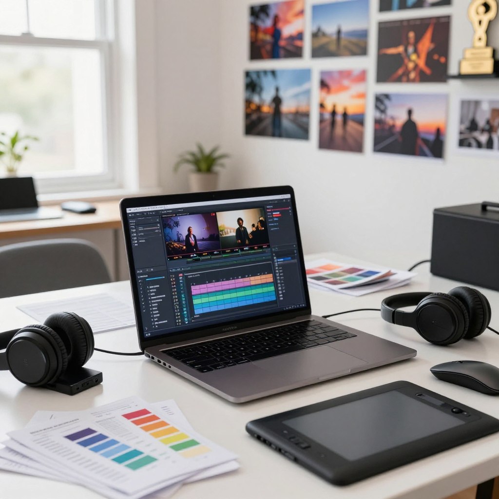 A bright and inviting workspace featuring an array of video editing tools. In the foreground, a sleek laptop with a professional video editing software interface open, surrounded by essential accessories like a high-quality external hard drive, headphones, and a graphic tablet. The middle ground shows a well-organized desk cluttered lightly with notes, color swatches, and a stylish mouse, conveying a creative atmosphere. In the background, soft natural light streams through a window, illuminating a wall adorned with vibrant video stills and awards, suggesting successful video projects. The overall mood is productive and inspiring, capturing the essence of effective video editing for restaurants. The image should be well-composed, focusing on the tools and workspace without any text or distractions. A bright and inviting workspace featuring an array of video editing tools. In the foreground, a sleek laptop with a professional video editing software interface open, surrounded by essential accessories like a high-quality external hard drive, headphones, and a graphic tablet. The middle ground shows a well-organized desk cluttered lightly with notes, color swatches, and a stylish mouse, conveying a creative atmosphere. In the background, soft natural light streams through a window, illuminating a wall adorned with vibrant video stills and awards, suggesting successful video projects. The overall mood is productive and inspiring, capturing the essence of effective video editing for restaurants. The image should be well-composed, focusing on the tools and workspace without any text or distractions.