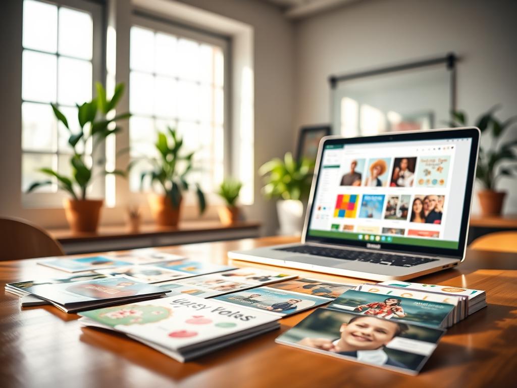 A bright and inviting workspace filled with an array of customizable digital postcard templates. In the foreground, a polished wooden desk showcases vibrant mock-ups of postcards displaying floral designs, geometric patterns, and holiday themes, all elegantly arranged. The middle ground features a laptop open to a design software interface, with colorful graphics displayed on the screen. In the background, large windows let in soft, natural light, illuminating the scene and creating a warm atmosphere. Potted plants adorn the windowsill, adding a touch of nature. The mood conveys creativity and inspiration, perfect for illustrating the process of selecting and personalizing templates for digital postcards. The focus is sharp, with a slight depth of field emphasizing the desk and laptop in a professional setting. A bright and inviting workspace filled with an array of customizable digital postcard templates. In the foreground, a polished wooden desk showcases vibrant mock-ups of postcards displaying floral designs, geometric patterns, and holiday themes, all elegantly arranged. The middle ground features a laptop open to a design software interface, with colorful graphics displayed on the screen. In the background, large windows let in soft, natural light, illuminating the scene and creating a warm atmosphere. Potted plants adorn the windowsill, adding a touch of nature. The mood conveys creativity and inspiration, perfect for illustrating the process of selecting and personalizing templates for digital postcards. The focus is sharp, with a slight depth of field emphasizing the desk and laptop in a professional setting.