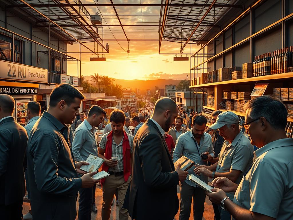 A bustling scene depicting the distribution network of rum and cigars in Cuba. In the foreground, a diverse group of professionals in smart casual attire are engaged in lively discussions, examining products and taking notes, symbolizing teamwork in commerce. The middle ground features a blend of vibrant, colorful street markets and modern warehouses, showcasing rum bottles and cigar boxes. In the background, a dramatic sunset casts warm, golden light over the landscape, creating a warm and inviting atmosphere. The image captures the nuances of the distribution chain while highlighting points of vulnerability to diversion, all expertly framed with a slightly elevated angle for depth. Emphasize clarity and realism, ensuring the scene feels dynamic and informative, without any text or distractions. A bustling scene depicting the distribution network of rum and cigars in Cuba. In the foreground, a diverse group of professionals in smart casual attire are engaged in lively discussions, examining products and taking notes, symbolizing teamwork in commerce. The middle ground features a blend of vibrant, colorful street markets and modern warehouses, showcasing rum bottles and cigar boxes. In the background, a dramatic sunset casts warm, golden light over the landscape, creating a warm and inviting atmosphere. The image captures the nuances of the distribution chain while highlighting points of vulnerability to diversion, all expertly framed with a slightly elevated angle for depth. Emphasize clarity and realism, ensuring the scene feels dynamic and informative, without any text or distractions.
