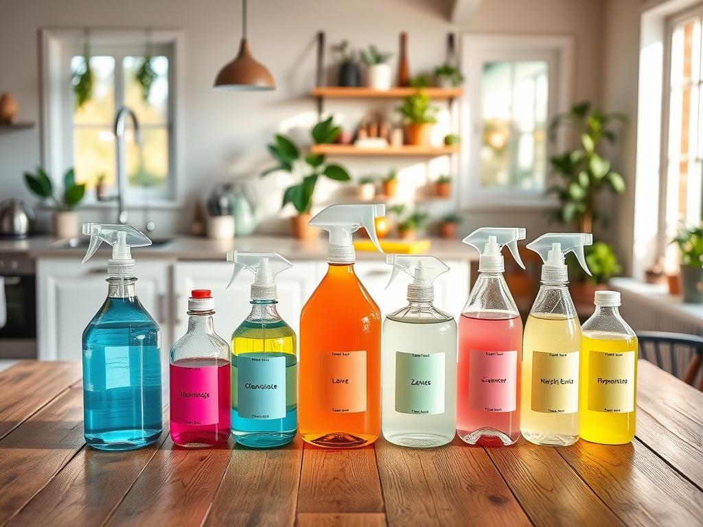 A clean and vibrant domestic scene showcasing a variety of eco-friendly cleaning products organized neatly on a rustic wooden table. In the foreground, a collection of glass spray bottles filled with colorful homemade cleaning solutions, labeled for different zones of the home. The middle ground features a well-maintained kitchen space with a sunlit window casting soft, warm light across shiny countertops. In the background, there's a living room setting with houseplants and organized cleaning tools, creating a homely ambiance. The overall atmosphere is fresh and inviting, reflecting a sense of cleanliness and organization. The image should be bright and uplifting, with a focus on natural materials and an eco-conscious vibe, photographed at eye level for an immersive perspective. A clean and vibrant domestic scene showcasing a variety of eco-friendly cleaning products organized neatly on a rustic wooden table. In the foreground, a collection of glass spray bottles filled with colorful homemade cleaning solutions, labeled for different zones of the home. The middle ground features a well-maintained kitchen space with a sunlit window casting soft, warm light across shiny countertops. In the background, there's a living room setting with houseplants and organized cleaning tools, creating a homely ambiance. The overall atmosphere is fresh and inviting, reflecting a sense of cleanliness and organization. The image should be bright and uplifting, with a focus on natural materials and an eco-conscious vibe, photographed at eye level for an immersive perspective.