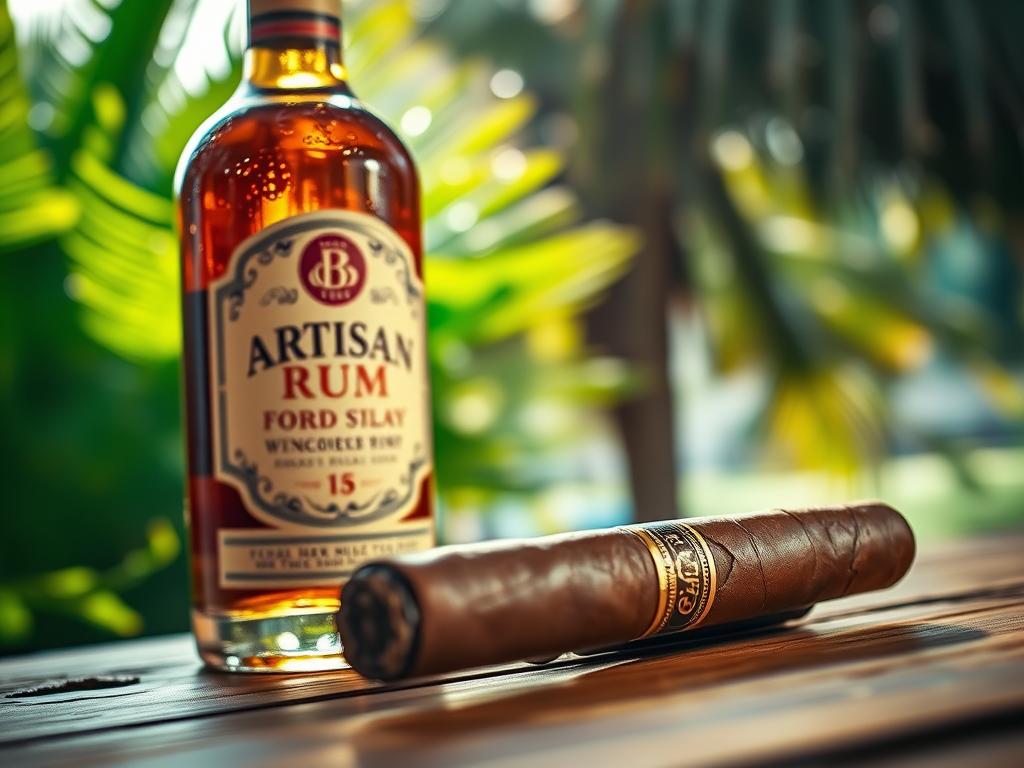 A close-up of an artisan rum bottle partially obscured by a soft-focus Cuban landscape in the background, showcasing vibrant greenery and soft sunlight filtering through palm leaves. The bottle should have an intricate label, indicating high quality, with droplets of condensation glistening on its surface. In the foreground, a couple of elegant cigars, meticulously arranged on a rustic wooden table, suggest a luxurious experience. The lighting should evoke warmth and richness, with a slight lens flare to enhance the inviting atmosphere. The overall mood should be one of sophistication and trust, contrasting the beauty of the rum and cigars with a subtle sense of apprehension symbolizing consumer distrust. The scene should avoid any text or branding elements, focusing purely on product quality and aesthetic appeal. A close-up of an artisan rum bottle partially obscured by a soft-focus Cuban landscape in the background, showcasing vibrant greenery and soft sunlight filtering through palm leaves. The bottle should have an intricate label, indicating high quality, with droplets of condensation glistening on its surface. In the foreground, a couple of elegant cigars, meticulously arranged on a rustic wooden table, suggest a luxurious experience. The lighting should evoke warmth and richness, with a slight lens flare to enhance the inviting atmosphere. The overall mood should be one of sophistication and trust, contrasting the beauty of the rum and cigars with a subtle sense of apprehension symbolizing consumer distrust. The scene should avoid any text or branding elements, focusing purely on product quality and aesthetic appeal.