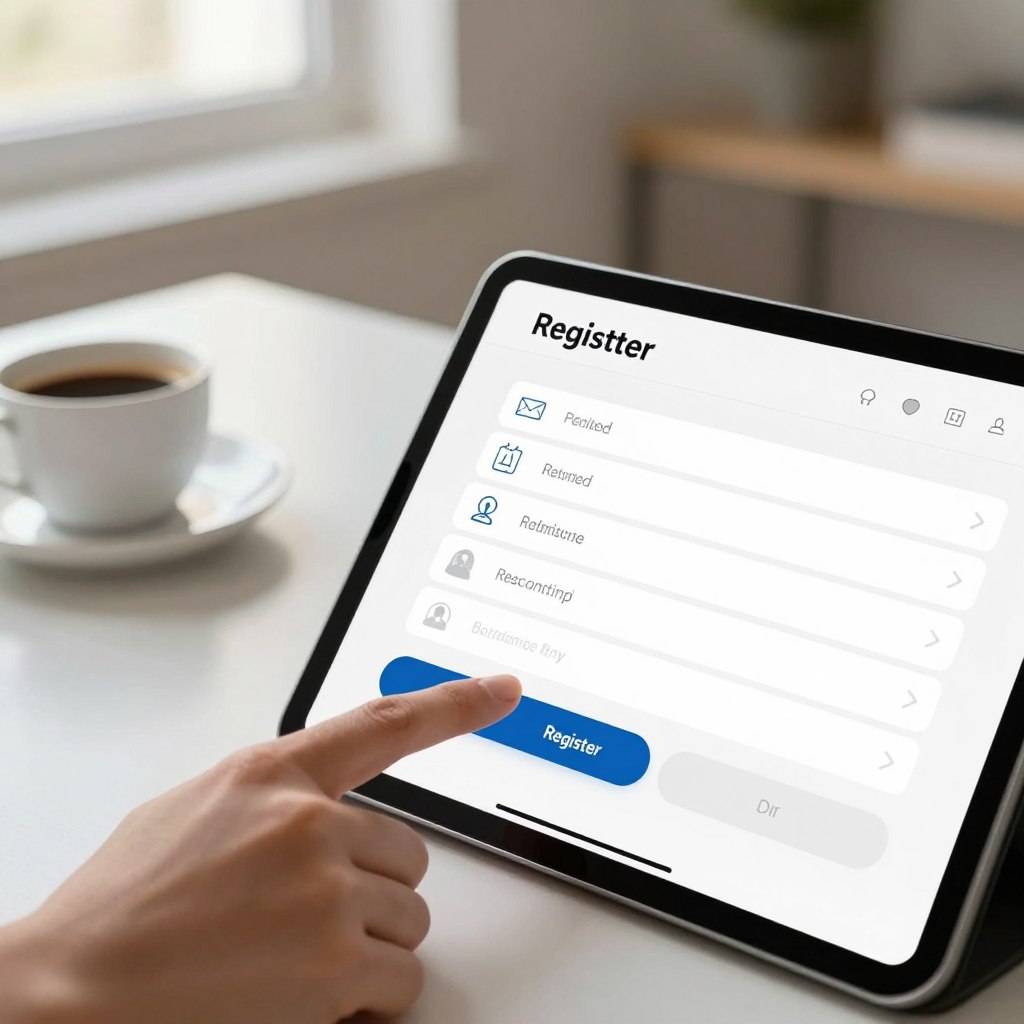 A close-up view of a digital device, such as a tablet or smartphone, displaying a user-friendly interface for account registration. In the foreground, clearly visible elements include a finger poised to tap on a bright "Register" button and various input fields with icons for email, password, and profile details. In the middle ground, elements like a modern, minimalist desk and a cup of coffee add to the scene's ambiance. The background showcases a softly blurred home office environment, with warm, natural lighting filtering in from a nearby window, creating a welcoming and professional atmosphere. Aim for a clean and organized aesthetic to highlight the theme of online account setup.