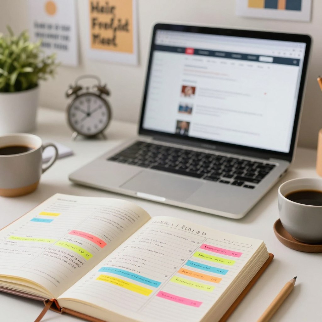 A close-up view of a planner open on a desk, filled with detailed schedule notes and colorful sticky notes indicating time slots for completing surveys. In the foreground, a cup of coffee sits beside the planner, radiating warmth. In the middle, a sleek laptop is open, displaying a survey webpage, with a clock subtly shown on the laptop screen indicating time management. The background is softly blurred, featuring a well-organized, bright workspace with motivational posters and plants, creating a productive atmosphere. The lighting is warm and inviting, suggesting a calm, focused mood. The angle is slightly overhead, capturing the essence of planning one's day effectively. A close-up view of a planner open on a desk, filled with detailed schedule notes and colorful sticky notes indicating time slots for completing surveys. In the foreground, a cup of coffee sits beside the planner, radiating warmth. In the middle, a sleek laptop is open, displaying a survey webpage, with a clock subtly shown on the laptop screen indicating time management. The background is softly blurred, featuring a well-organized, bright workspace with motivational posters and plants, creating a productive atmosphere. The lighting is warm and inviting, suggesting a calm, focused mood. The angle is slightly overhead, capturing the essence of planning one's day effectively.