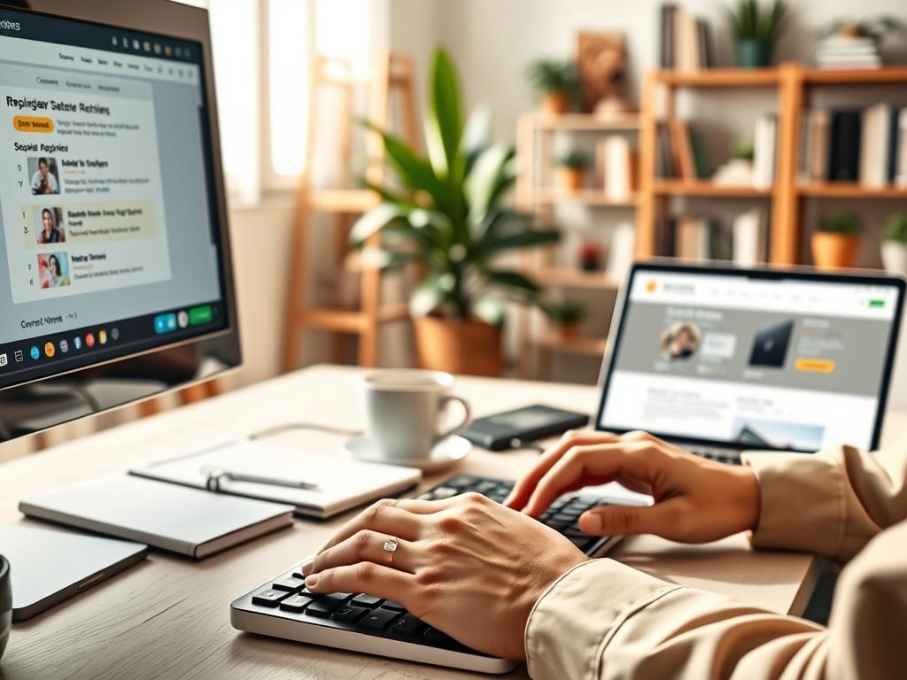 A computer screen displaying a detailed, colorful interface of the RapidWorkers platform, showcasing a step-by-step guide on completing microtasks. In the foreground, a pair of hands, wearing modest business attire, are typing on a keyboard, demonstrating engagement with the task. The middle ground features an organized workspace, including a notebook, a cup of coffee, and an open laptop with the RapidWorkers site visible. Soft, natural lighting illuminates the scene, creating a warm and inviting atmosphere. The background has a blurred view of a cozy home office environment with shelves of books and plants, suggesting a productive work-from-home setting. The overall mood is focused and professional, perfect for illustrating a guide on completing microtasks efficiently. A computer screen displaying a detailed, colorful interface of the RapidWorkers platform, showcasing a step-by-step guide on completing microtasks. In the foreground, a pair of hands, wearing modest business attire, are typing on a keyboard, demonstrating engagement with the task. The middle ground features an organized workspace, including a notebook, a cup of coffee, and an open laptop with the RapidWorkers site visible. Soft, natural lighting illuminates the scene, creating a warm and inviting atmosphere. The background has a blurred view of a cozy home office environment with shelves of books and plants, suggesting a productive work-from-home setting. The overall mood is focused and professional, perfect for illustrating a guide on completing microtasks efficiently.