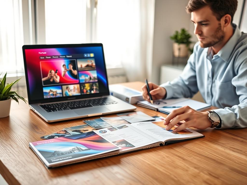 A conceptual workspace scene showcasing various digital and printed postcard sizes, arranged neatly on a wooden desk. In the foreground, vibrant digital postcards displayed on a sleek laptop screen, emphasizing customization options. In the middle, a variety of print postcards of different sizes, including standard dimensions suitable for mailing, scattered artistically around an open sketchbook. The background features soft natural lighting streaming through a window, illuminating the workspace and creating a warm, inviting atmosphere. The room is styled with minimalistic decor to focus on the design elements. A professional designer in smart casual attire, sketching ideas with a pencil, adds a human touch while maintaining a creative and productive mood. A conceptual workspace scene showcasing various digital and printed postcard sizes, arranged neatly on a wooden desk. In the foreground, vibrant digital postcards displayed on a sleek laptop screen, emphasizing customization options. In the middle, a variety of print postcards of different sizes, including standard dimensions suitable for mailing, scattered artistically around an open sketchbook. The background features soft natural lighting streaming through a window, illuminating the workspace and creating a warm, inviting atmosphere. The room is styled with minimalistic decor to focus on the design elements. A professional designer in smart casual attire, sketching ideas with a pencil, adds a human touch while maintaining a creative and productive mood.