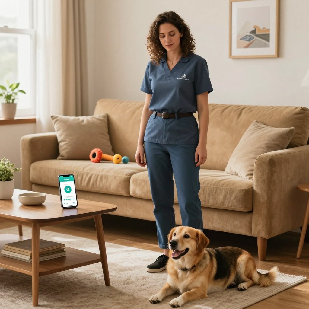 A confident pet sitter standing in a cozy living room, wearing professional casual attire, showcasing a relaxed interaction with a happy dog. In the foreground, the dog is playfully resting at the sitter's feet, symbolizing trust and companionship. In the middle ground, a warm, inviting couch is adorned with pet toys, while a coffee table holds a smartphone displaying the Rover app, emphasizing the theme of security and customer service. The background features soft, natural light streaming through a window, creating a calm and reassuring atmosphere. The overall mood conveys safety, support, and tranquility, illustrating the reliability of pet care services in Guatemala.