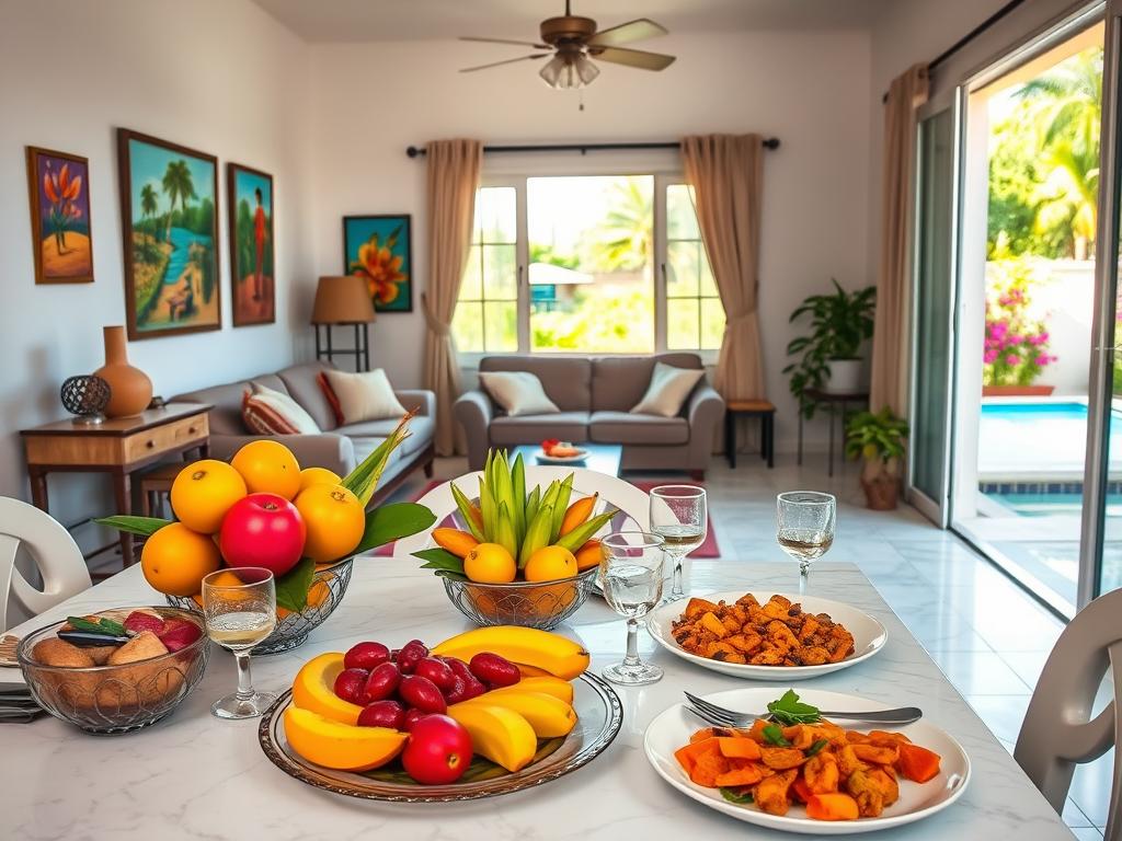 A cozy and inviting interior of a private rental house in Cuba, showcasing sought-after services and amenities. In the foreground, a well-set dining table with vibrant tropical fruit, traditional Cuban dishes, and elegant tableware, highlighting the culinary experience guests can expect. The middle layer features a comfortable living area with stylish furnishings, colorful art on the walls, and a window revealing the lush Cuban landscape outside, bathed in warm sunlight. In the background, a glimpse of a serene patio with flowering plants and a small pool, conveying a tranquil atmosphere. The scene is bright and cheerful, evoking a sense of relaxation and hospitality, captured with a soft focus lens to enhance the inviting mood. A cozy and inviting interior of a private rental house in Cuba, showcasing sought-after services and amenities. In the foreground, a well-set dining table with vibrant tropical fruit, traditional Cuban dishes, and elegant tableware, highlighting the culinary experience guests can expect. The middle layer features a comfortable living area with stylish furnishings, colorful art on the walls, and a window revealing the lush Cuban landscape outside, bathed in warm sunlight. In the background, a glimpse of a serene patio with flowering plants and a small pool, conveying a tranquil atmosphere. The scene is bright and cheerful, evoking a sense of relaxation and hospitality, captured with a soft focus lens to enhance the inviting mood.