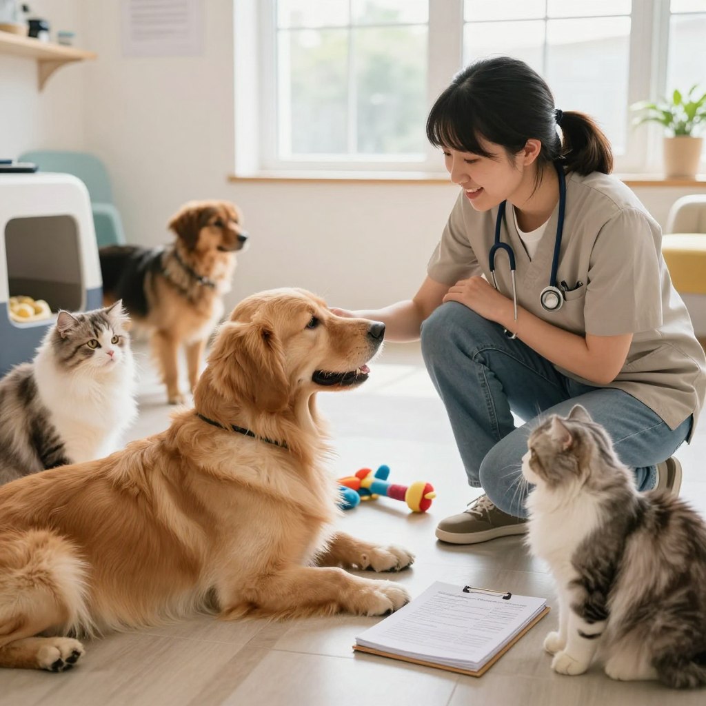 A cozy and inviting pet care service environment showcasing a friendly pet caregiver interacting with various breeds of dogs and cats. In the foreground, a professional-looking caregiver in modest casual attire is gently playing with a golden retriever, while a fluffy Persian cat watches nearby. In the middle ground, there are pet care essentials like bowls, toys, and a notebook displaying reservation details. The background features a bright, airy room with large windows allowing natural light to flood in, creating a warm and welcoming atmosphere. The lighting is soft and cheerful, enhancing the mood of trust and care. Capture this scene from a slight angle to focus on the interaction between the caregiver and the animals, emphasizing the theme of pet care services.