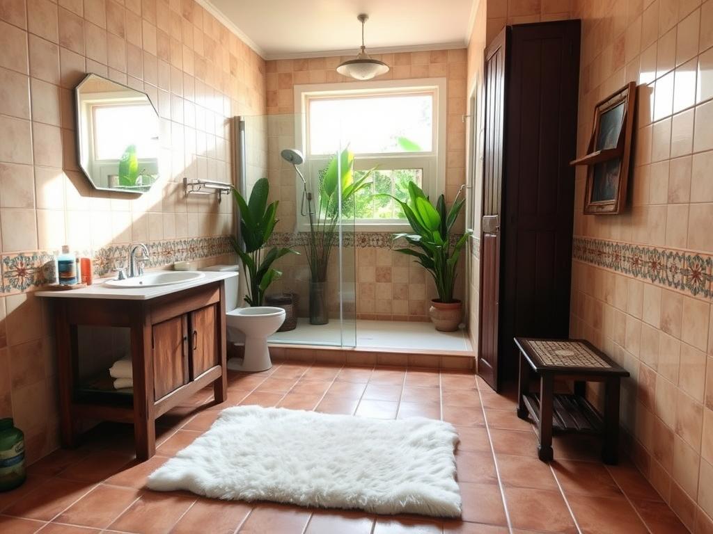 A cozy family bathroom in a Cuban casa particular, featuring traditional tiles and a rustic wooden vanity. In the foreground, a fluffy white bath mat rests on the tiled floor, alongside neatly arranged toiletries. The middle of the image showcases a spacious shower area with a glass partition, accented by tropical plants and colorful mosaics. A large window in the background allows soft natural light to filter in, illuminating the warm earth tones of the decor. The atmosphere is inviting and serene, ideal for relaxation after a day of adventures. The room is empty of people, highlighting the welcoming ambiance of family-friendly accommodations. Capture this scene with a slight angle from the corner to give depth to the room. A cozy family bathroom in a Cuban casa particular, featuring traditional tiles and a rustic wooden vanity. In the foreground, a fluffy white bath mat rests on the tiled floor, alongside neatly arranged toiletries. The middle of the image showcases a spacious shower area with a glass partition, accented by tropical plants and colorful mosaics. A large window in the background allows soft natural light to filter in, illuminating the warm earth tones of the decor. The atmosphere is inviting and serene, ideal for relaxation after a day of adventures. The room is empty of people, highlighting the welcoming ambiance of family-friendly accommodations. Capture this scene with a slight angle from the corner to give depth to the room.