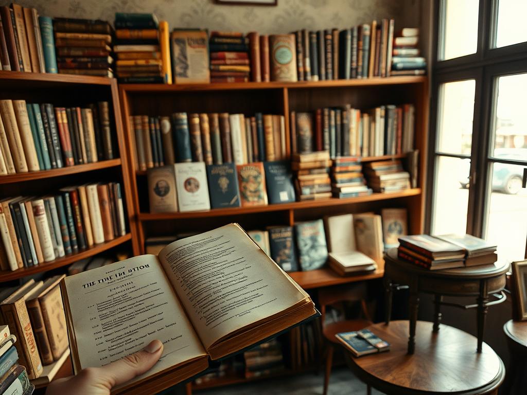 A cozy used bookstore in Cuba showcasing a variety of well-worn books arranged on wooden shelves. In the foreground, a close-up of a hand inspecting a book with slightly tattered pages and a faded cover. In the middle, two shelves filled with books in various conditions, some with stickers indicating their prices. The background features soft, warm lighting filtering through a window, casting gentle shadows and creating an inviting atmosphere. A vintage wooden table holds a small stack of books, inviting readers to browse. The mood is nostalgic and welcoming, reflecting the charm of finding hidden gems in a used bookstore.