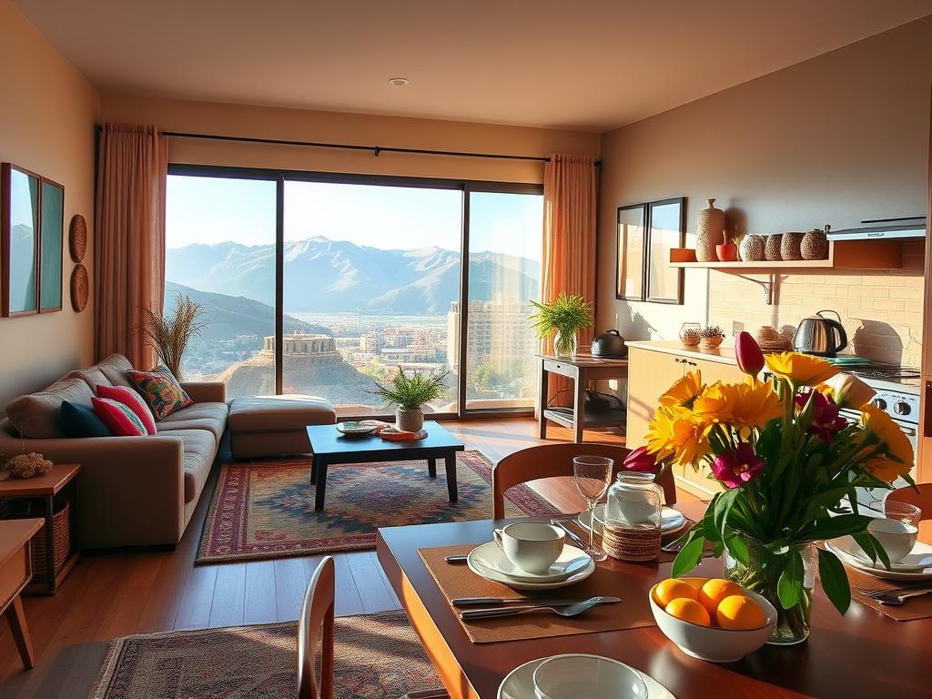 A cozy, well-furnished Airbnb apartment in La Paz, featuring a welcoming living room with a plush couch, colorful cushions, and a coffee table adorned with local artisan crafts. In the foreground, showcase a beautifully set dining table with elegant dinnerware and a bouquet of fresh flowers. The middle ground reveals a fully equipped kitchen with modern appliances, a kettle, and fresh fruits. The background captures a panoramic view of the majestic Andean mountains through large windows, bathed in soft, warm afternoon light. The atmosphere is inviting and serene, perfect for relaxation. The room is styled in earthy tones with touches of Bolivian culture, creating a homely yet stylish environment. No people are present in the scene. A cozy, well-furnished Airbnb apartment in La Paz, featuring a welcoming living room with a plush couch, colorful cushions, and a coffee table adorned with local artisan crafts. In the foreground, showcase a beautifully set dining table with elegant dinnerware and a bouquet of fresh flowers. The middle ground reveals a fully equipped kitchen with modern appliances, a kettle, and fresh fruits. The background captures a panoramic view of the majestic Andean mountains through large windows, bathed in soft, warm afternoon light. The atmosphere is inviting and serene, perfect for relaxation. The room is styled in earthy tones with touches of Bolivian culture, creating a homely yet stylish environment. No people are present in the scene.