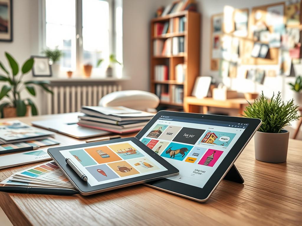 A creative workspace showcasing a vibrant digital design environment focused on creating personalized postcards. In the foreground, a digital tablet with a stylus lies on a wooden desk, featuring an open design application displaying colorful postcard templates. Beside it, various design tools like color swatches, sketchbooks, and a laptop are arranged, indicating an active planning stage. The middle ground shows a bright window with sunlight pouring in, casting gentle shadows, and a plant nearby adding a touch of nature. In the background, a cozy atmosphere exudes with soft pastel colors on the walls, shelves filled with books on design, and a mood board showcasing different postcard designs. The composition conveys a sense of creativity, inspiration, and organization, ideal for digital postcard design. A creative workspace showcasing a vibrant digital design environment focused on creating personalized postcards. In the foreground, a digital tablet with a stylus lies on a wooden desk, featuring an open design application displaying colorful postcard templates. Beside it, various design tools like color swatches, sketchbooks, and a laptop are arranged, indicating an active planning stage. The middle ground shows a bright window with sunlight pouring in, casting gentle shadows, and a plant nearby adding a touch of nature. In the background, a cozy atmosphere exudes with soft pastel colors on the walls, shelves filled with books on design, and a mood board showcasing different postcard designs. The composition conveys a sense of creativity, inspiration, and organization, ideal for digital postcard design.