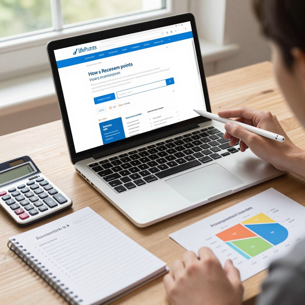 A detailed flat lay of a workspace featuring a laptop displaying the LifePoints website, highlighting how to redeem points. In the foreground, neatly arranged items include a calculator, a notepad with a checklist of redemption steps, and a colorful chart illustrating point conversion. The middle ground showcases a hand with a stylus pointing to the laptop screen, demonstrating user engagement. In the background, soft natural light filters through a window, casting gentle shadows, creating a warm and inviting atmosphere. The lens is slightly angled to capture depth and focus on the laptop, evoking a sense of productivity and clarity in the process of redeeming points.