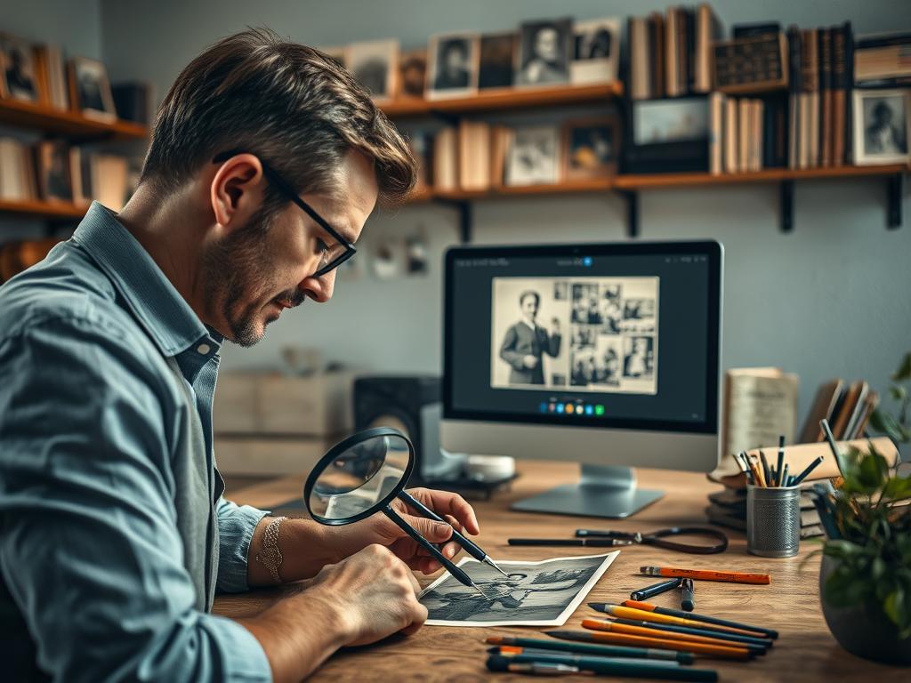 A detailed workspace scene depicting the photo restoration process, showcasing a vintage photograph being expertly restored. In the foreground, a professional restoration artist, dressed in smart casual attire, focuses on the photograph with a magnifying glass, surrounded by various tools like soft brushes and color correction pens. In the middle ground, a computer screen displays a before-and-after comparison of the restored photo, highlighting the transformation. The background features shelves lined with historical photo albums and restoration guides. Soft, natural lighting illuminates the workspace, creating a warm and inviting atmosphere. The image captures a sense of dedication and skill in the art of restoring old photographs, celebrating the beauty of preserving memories. A detailed workspace scene depicting the photo restoration process, showcasing a vintage photograph being expertly restored. In the foreground, a professional restoration artist, dressed in smart casual attire, focuses on the photograph with a magnifying glass, surrounded by various tools like soft brushes and color correction pens. In the middle ground, a computer screen displays a before-and-after comparison of the restored photo, highlighting the transformation. The background features shelves lined with historical photo albums and restoration guides. Soft, natural lighting illuminates the workspace, creating a warm and inviting atmosphere. The image captures a sense of dedication and skill in the art of restoring old photographs, celebrating the beauty of preserving memories.