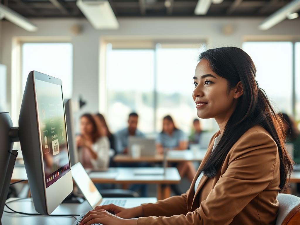 A dynamic and engaging workspace showcasing diverse individuals actively participating in online activities. In the foreground, a young woman in professional attire, focused on her computer screen displaying advertisement clicks, her expression highlighting determination and positivity. The middle ground features a diverse group of people—men and women of varied ethnicities—sitting at cozy desks or tables, all engaged in similar tasks with laptops or tablets. Bright natural light floods the scene from large windows in the background, creating an inviting atmosphere. Incorporate soft, warm colors to evoke a sense of motivation and opportunity, while the overall composition conveys the modern, digital age of earning money online through simple tasks, emphasizing teamwork and collaboration. A dynamic and engaging workspace showcasing diverse individuals actively participating in online activities. In the foreground, a young woman in professional attire, focused on her computer screen displaying advertisement clicks, her expression highlighting determination and positivity. The middle ground features a diverse group of people—men and women of varied ethnicities—sitting at cozy desks or tables, all engaged in similar tasks with laptops or tablets. Bright natural light floods the scene from large windows in the background, creating an inviting atmosphere. Incorporate soft, warm colors to evoke a sense of motivation and opportunity, while the overall composition conveys the modern, digital age of earning money online through simple tasks, emphasizing teamwork and collaboration.