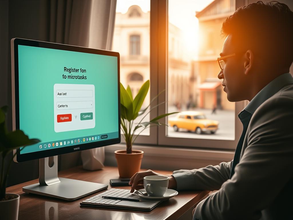 A dynamic digital workspace set in Cuba showcasing the process of online registration for microtasks. In the foreground, a computer screen illuminates a user-friendly interface featuring bright colors and accessible icons, indicative of the RapidWorkers platform. A person in smart casual attire focuses on the screen, with a thoughtful expression, signaling engagement with the task. In the middle ground, a stylish desk with a tropical plant, coffee cup, and notepad creates a relaxed yet productive atmosphere. The background captures a glimpse of a Cuban street through a window, with vibrant buildings under the warm glow of the afternoon sun. Soft natural lighting enhances the scene, creating a welcoming and inspiring mood, emphasizing the combination of work and life in Cuba. A dynamic digital workspace set in Cuba showcasing the process of online registration for microtasks. In the foreground, a computer screen illuminates a user-friendly interface featuring bright colors and accessible icons, indicative of the RapidWorkers platform. A person in smart casual attire focuses on the screen, with a thoughtful expression, signaling engagement with the task. In the middle ground, a stylish desk with a tropical plant, coffee cup, and notepad creates a relaxed yet productive atmosphere. The background captures a glimpse of a Cuban street through a window, with vibrant buildings under the warm glow of the afternoon sun. Soft natural lighting enhances the scene, creating a welcoming and inspiring mood, emphasizing the combination of work and life in Cuba.